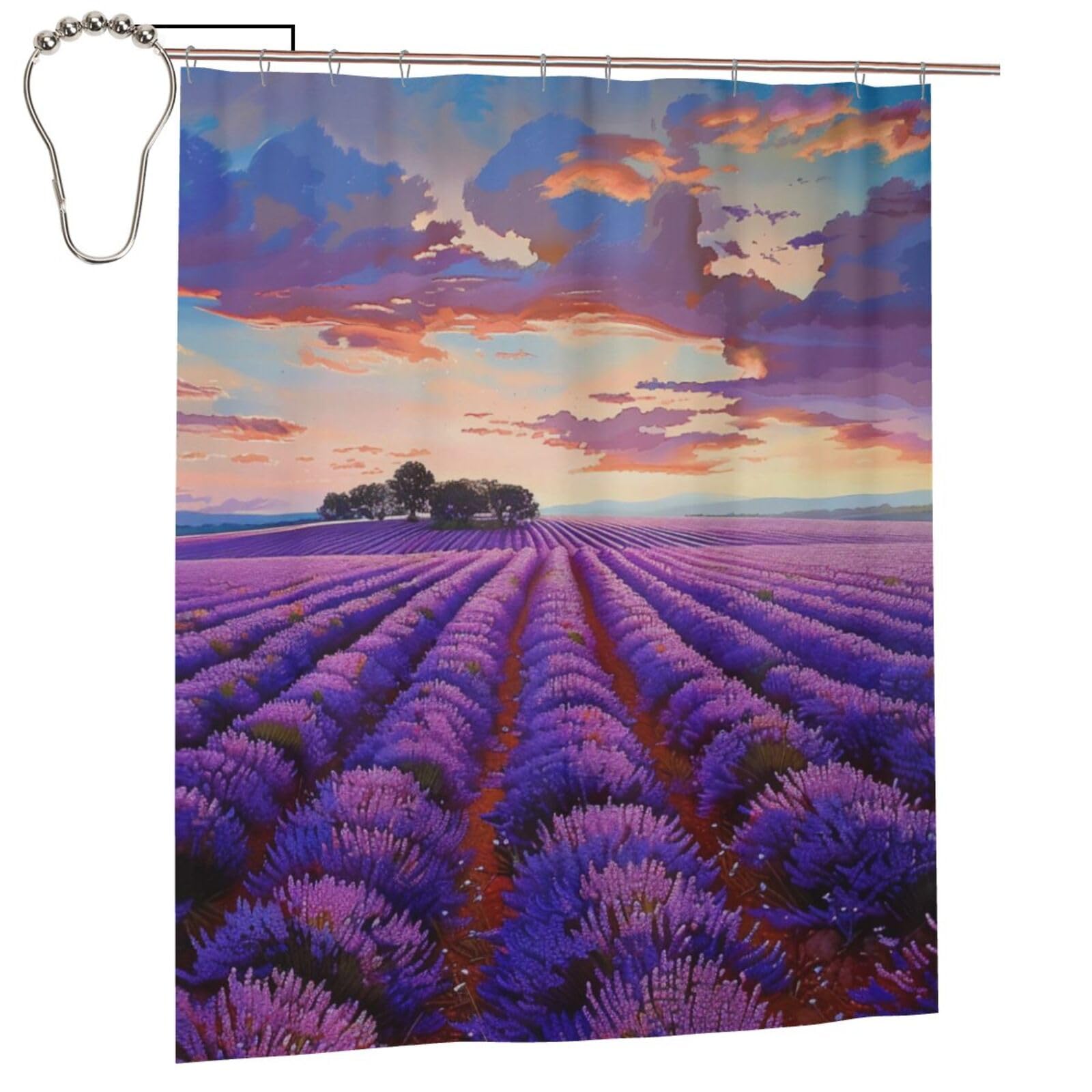 BWWHCCTI lavender fields Printed Shower Curtain With 12 Iron Hooks Opaque Quick Drying Waterproof Shower Curtains Sets For Bathroom 152x183 Cm
