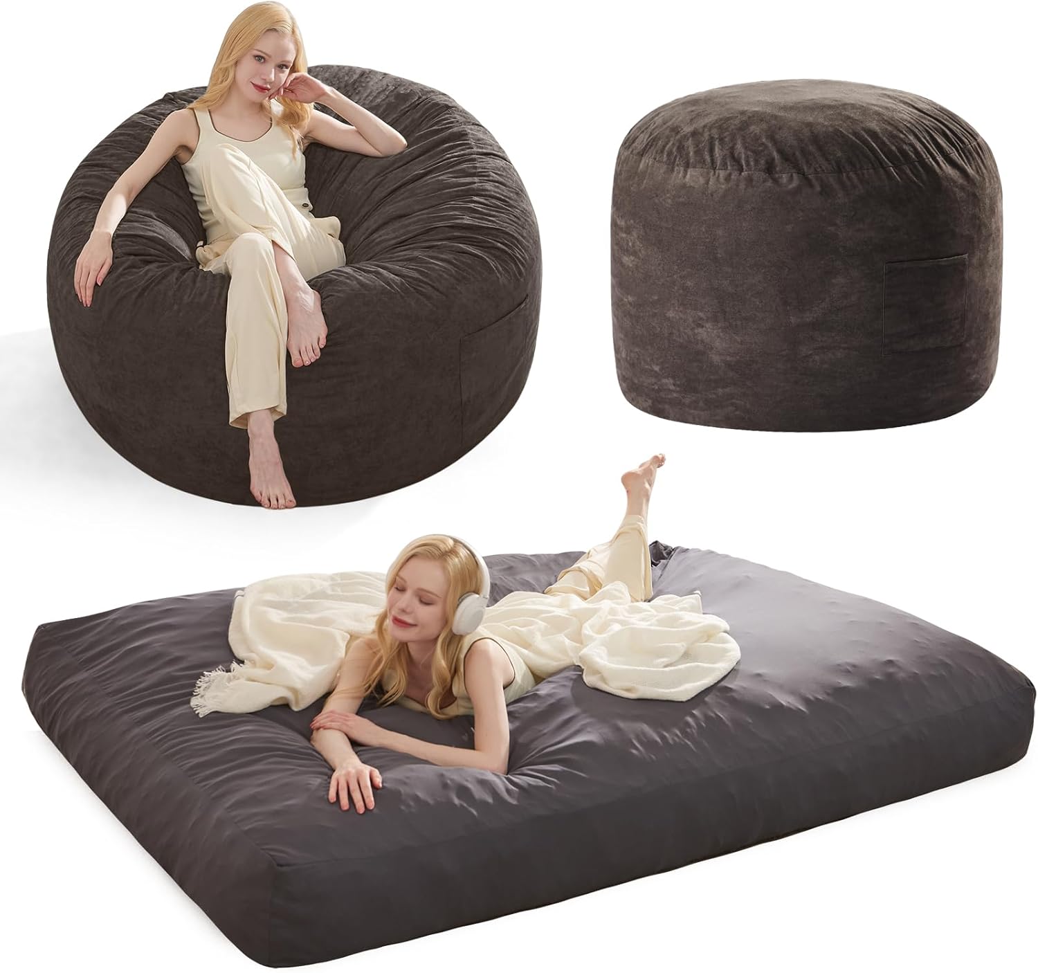 Bean Bag Chair Giant Bean Bag Chairs for Adults Teens, Large Floor Bed Convertible Beanbag Chair with Washable Suede Cover, Comfy Floor Chair for Bedroom Living Room?Queen?Gray Black Queen Black