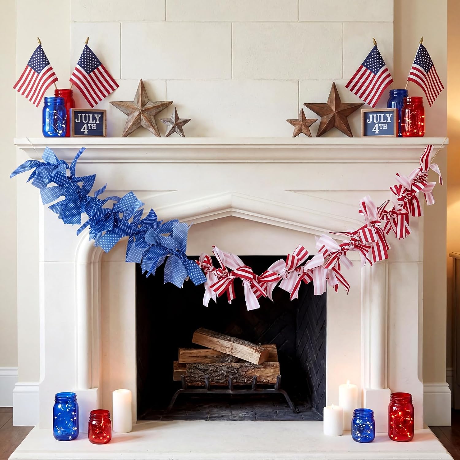 Tigeen 6 ft 4th of July American Flag Garland Patriotic Red White Blue Garland Fabric Hanging Rag Banner for 250th Anniversary 4th of July Independence Day Memorial Veterans Day Mantel Fireplace