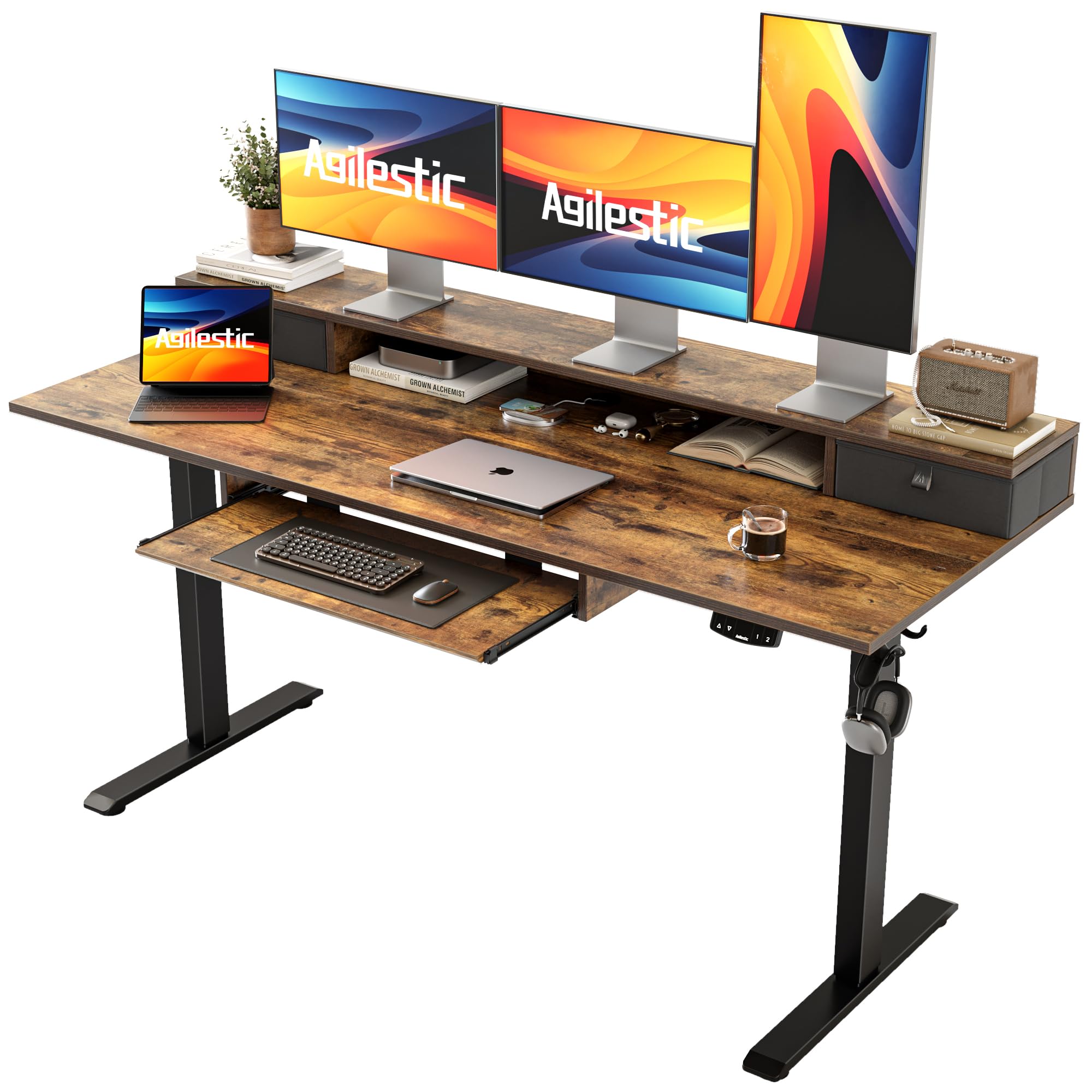 Agilestic Electric Standing Desk with 2 Drawers and Keyboard Tray, 63 x 24 Inches Ergonomic Adjustable Height Desk with Storage, Sit Stand up Computer