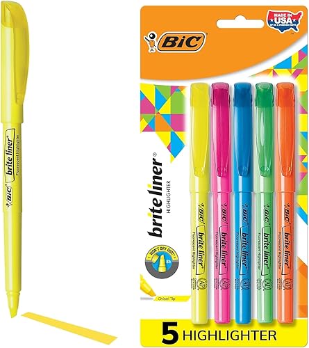 BIC BLP51WASST Brite Liner Highlighter, Chisel Tip, Assorted Colors, 5Set disponible en Yaxa Peru