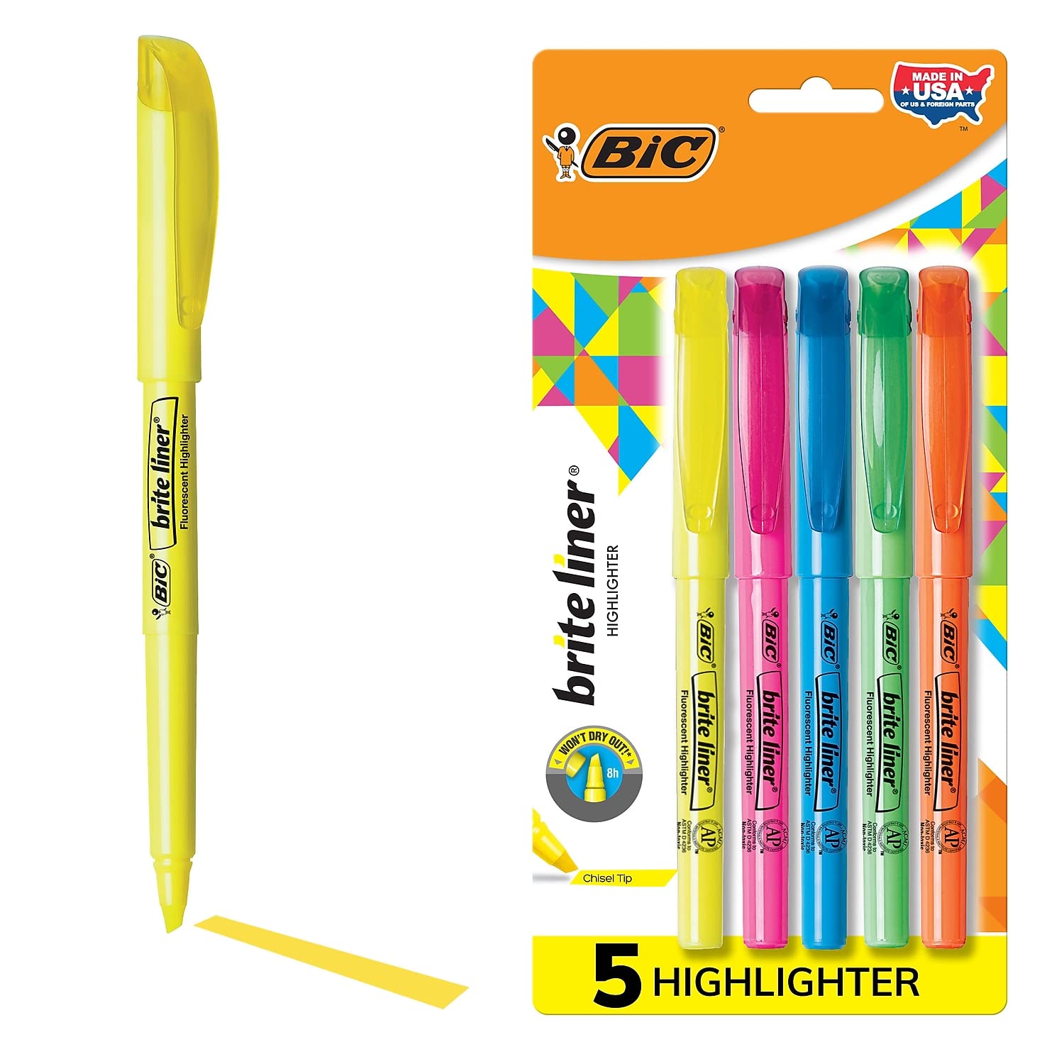 Brite Liner Surligneur, Chisel Tip, couleurs assorties, 5/Lot