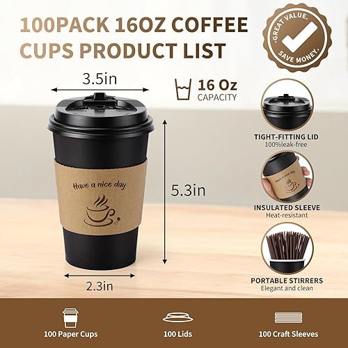 Miniatura 2 de AIRE Paquete de 100 tazas de café de 16 onzas con tapas, tazas de café desechables para bebidas calientes y frías, tazas de café con tapas para