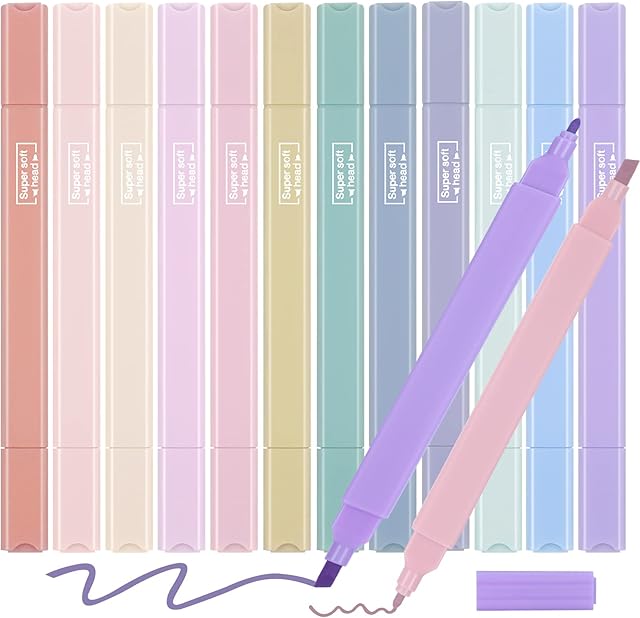 Dacitiery Bible Aesthetic Pastel Highlighters, 12Pcs Assorted Colors Bible Highlighter Markers with Chisel Tip, Dual Tip Highlighter Markers Pen for School Office Journal Supplies