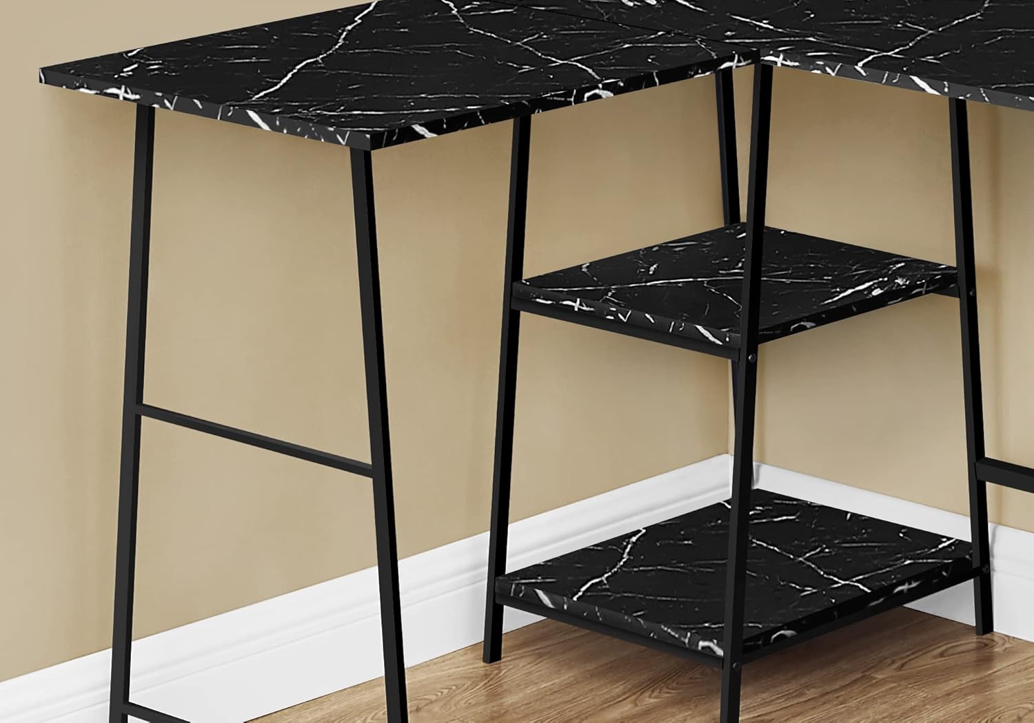 Monarch Specialties 7594 Computer Desk, Home Office, Corner, Storage Shelves, 48" Shape, Work, Laptop, Metal, Laminate, Look, Contemporary Desk-48 L Black Marble Black, 42" L x 47.25" W x 30" H