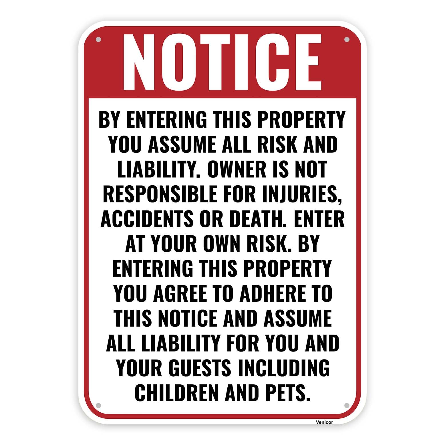 Enter At Your Own Risk Sign, Aluminum Liability Warning Plaque, 12x8 Inch