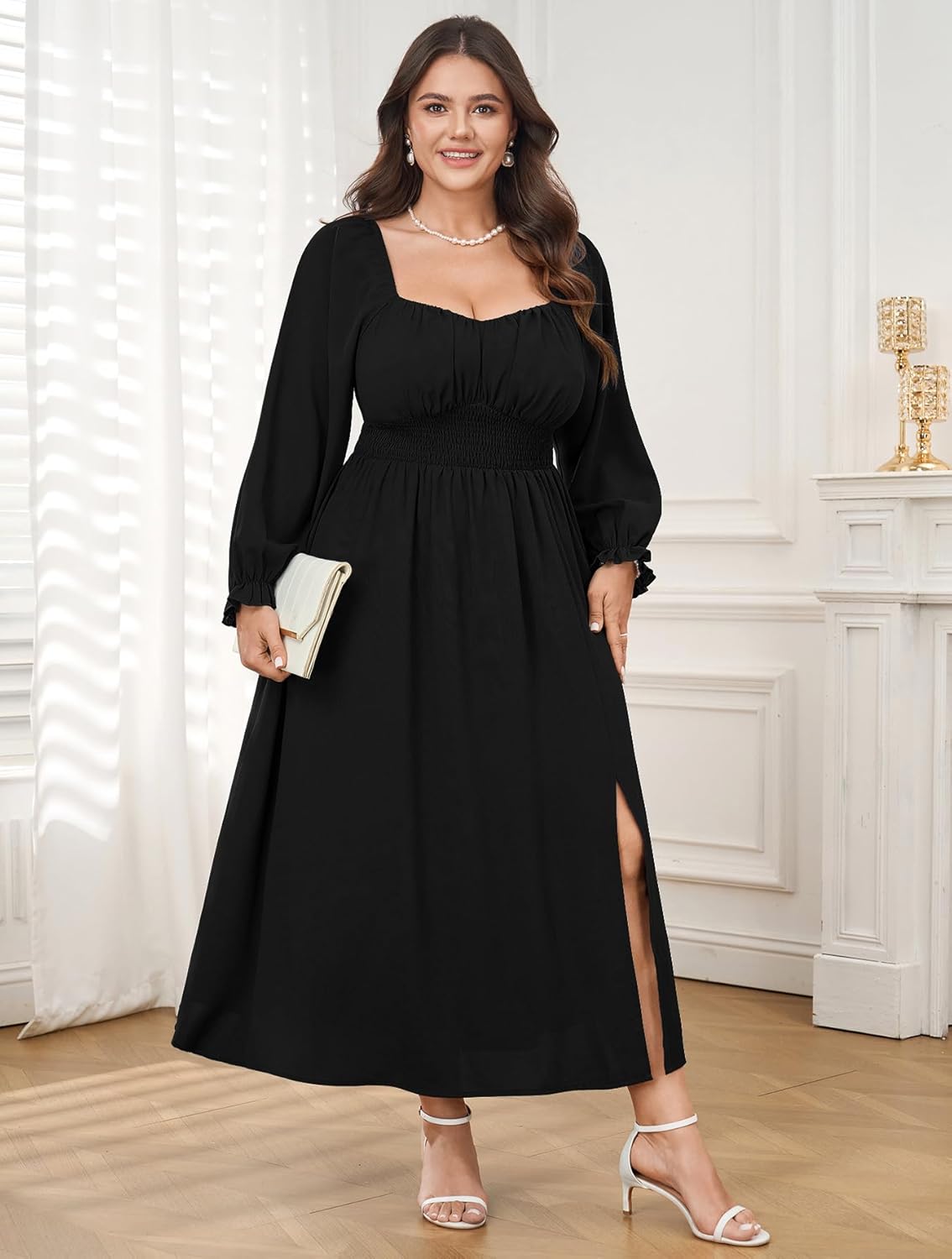 Plus Size Maxi Dresses for Curvy Women Long Sleeve Sweetheart Neckline Smocked Fall Wedding Guest Cocktail Dress Slit - Image 2