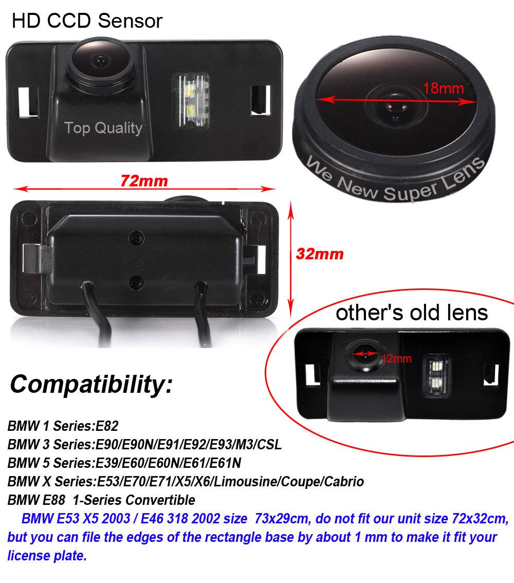 1280*720 Pixel 1000TV linee Telecamera Auto HD Visione Notturna Impermeabile,Telecamera Retromarcia Targa per BMW X1 X3 X5 X6 530I 328I 320I 520LI E39 E46 E53 E90 E80 E60 E70 M3 E82 E88 E90