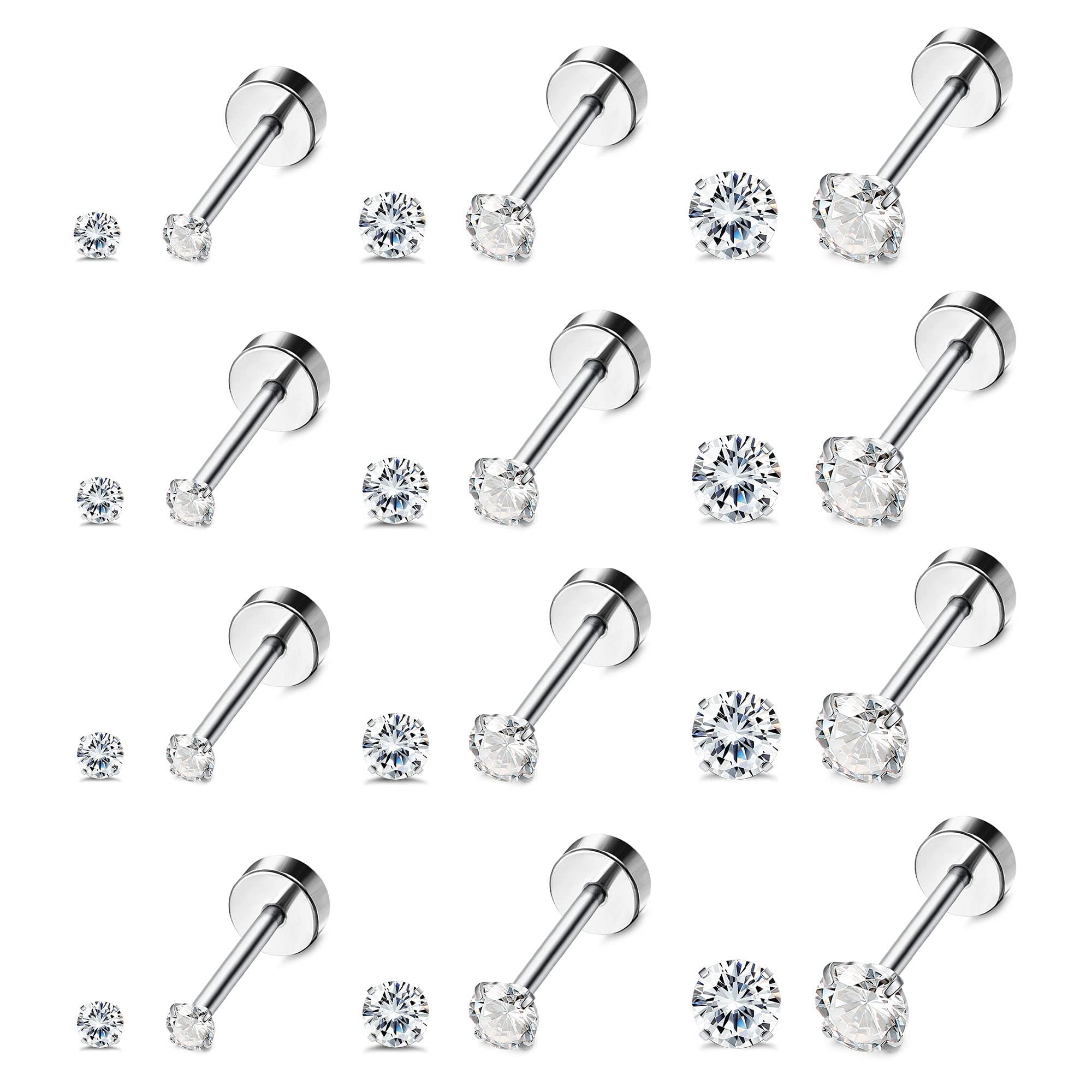 Kakonia12 Pairs 20G Stainless Steel CZ Stud Earrings for Women Men Cartilage Helix Stud Earrings Set Round Zirconia Screw Flat Back Stud Piercing