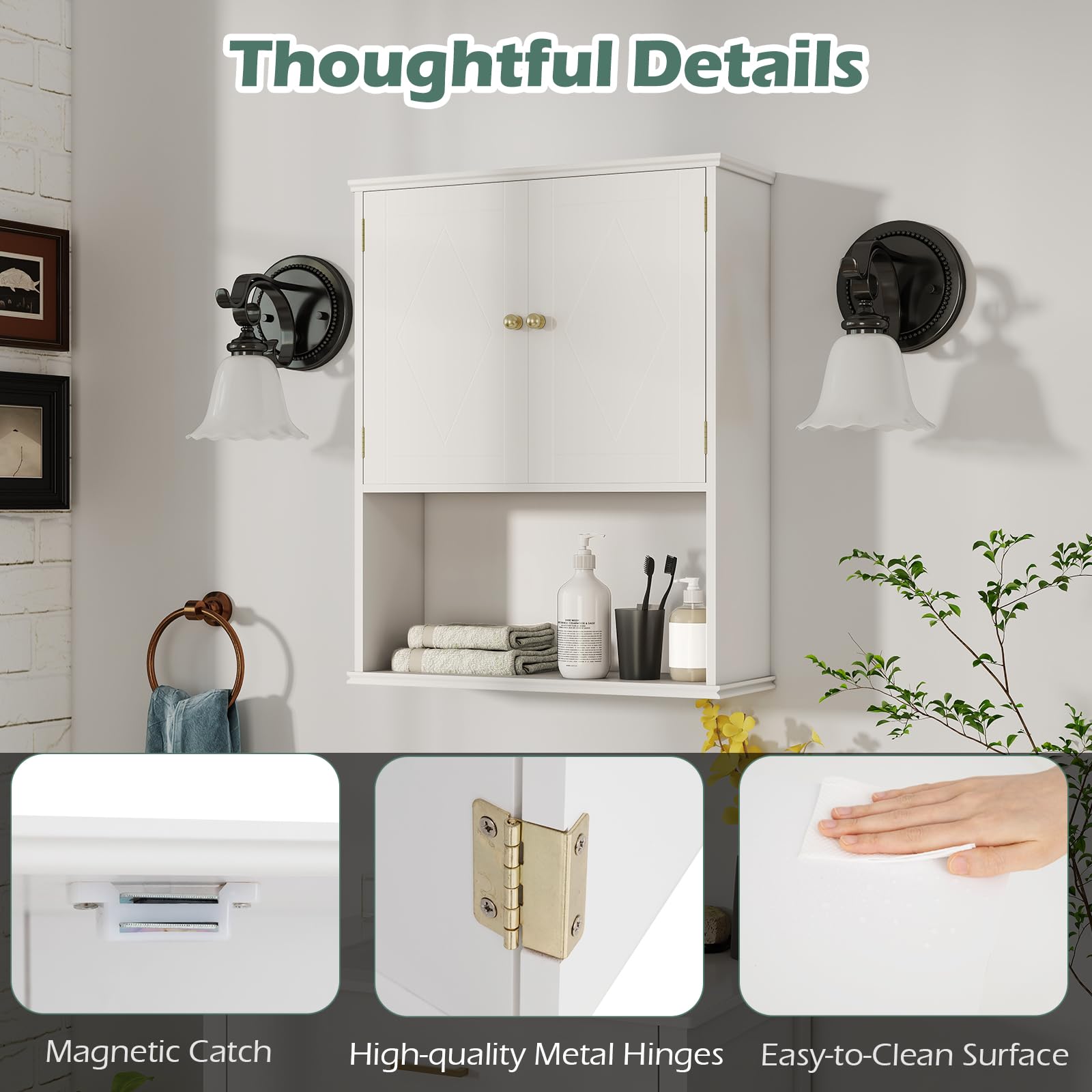 LIFEZEAL Mobiletto Bagno Salvaspazio da Parete, Bianco, Pensile Bagno Sospeso, Armadietto, con Ripiano Regolabile, Scomparto Aperto, Mobile, Moderno, per Cucina, Lavanderia, in Legno, 60x21x75cm