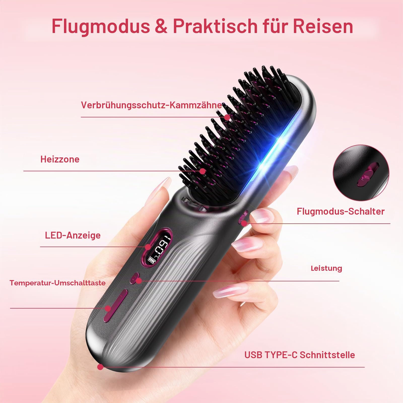 Kabellose Glättungsbürste 9600-mAh-Akku, mit Negativ-Ionen | 12 Temperaturstufen (120–230 °C), Glätteisen USB-Aufladung, Flugmodus, Heizbürste Ideal für Reisen, mit Ladestation