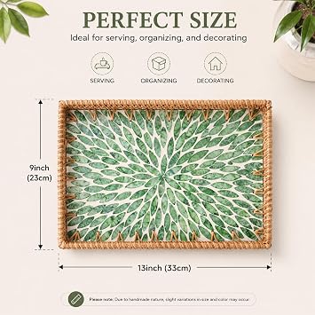 Rectangle Rattan Tray with Mother of Pearl Inlay with Handle,13