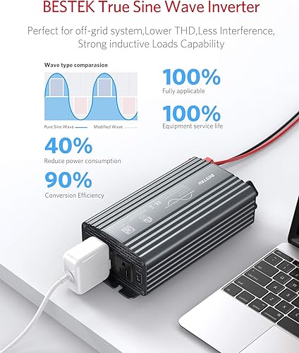 Miniatura 9 de BESTEK Inversor de corriente de onda sinusoidal pura de 500 W CC 12 V a 110 V CA adaptador inversor de corriente con puertos de carga USB duales de