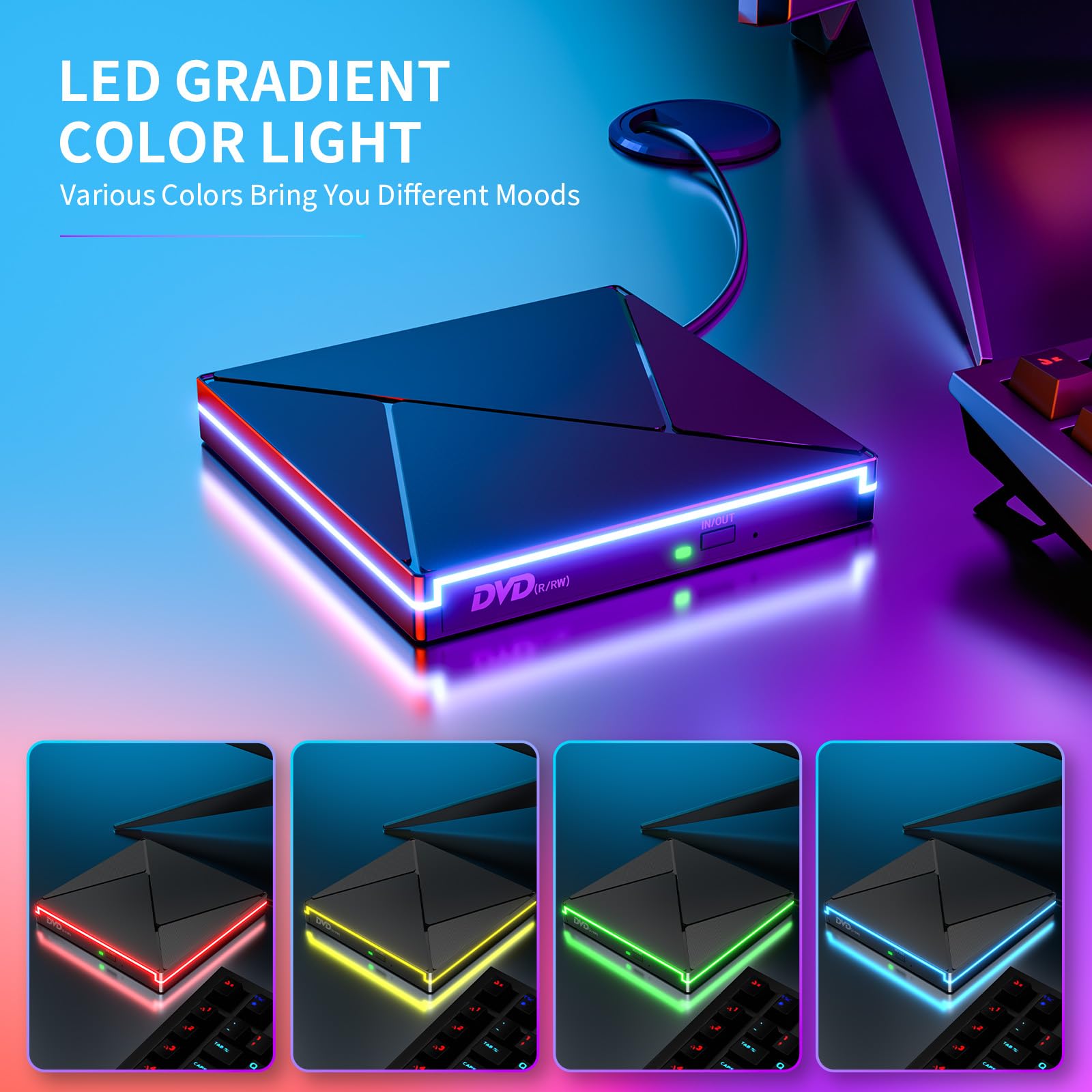 Zewnętrzny napęd CD DVD z RGB, USB 3.0 i USB-C, zewnętrzny, nagrywarka CD DVD +/-RW ROM, optyczny, zewnętrzny napęd DVD do laptopa, komputera stacjonarnego, MacBooka, iMaca, Windows 11/10/8/7/XP/Linux