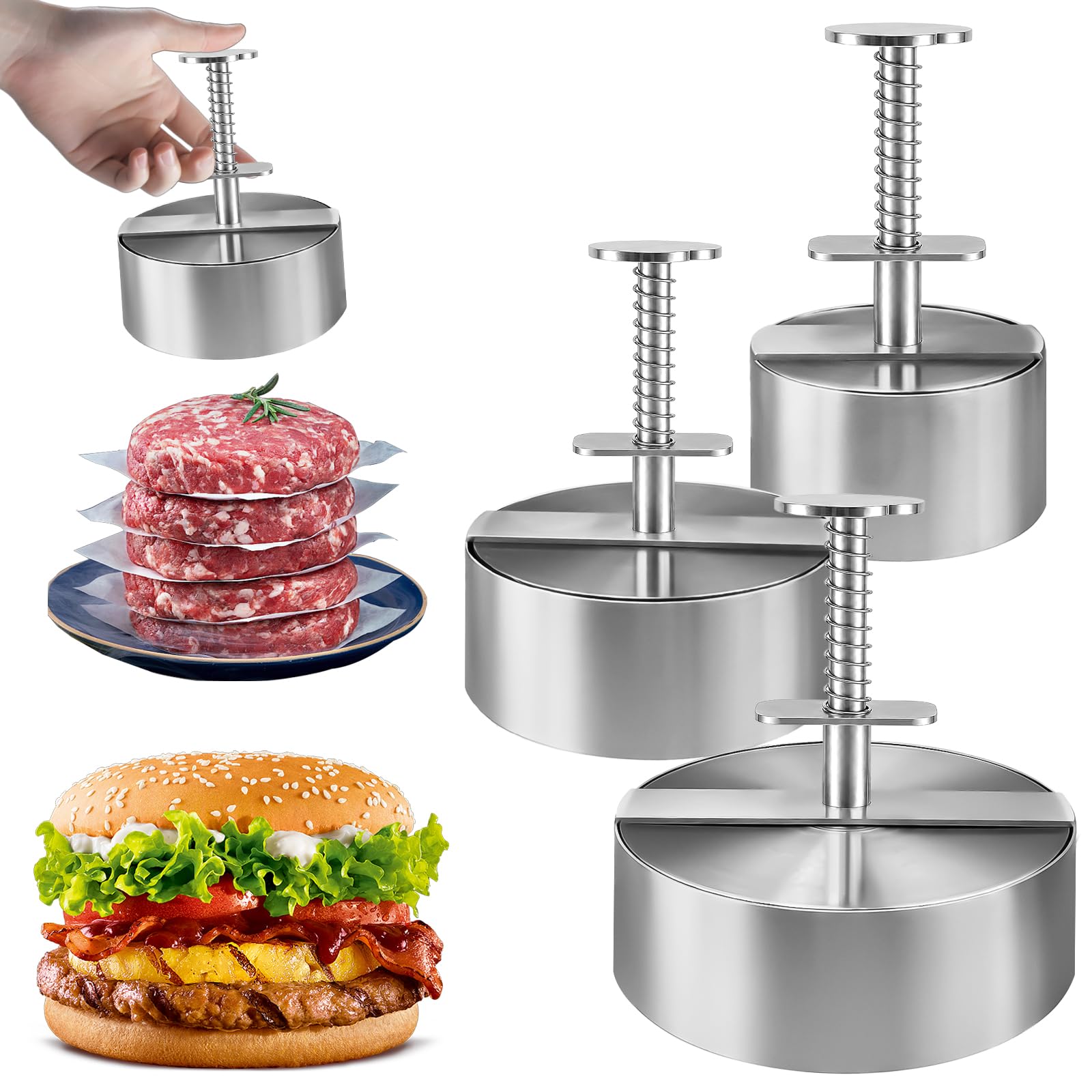3er Set Burgerpressen, Edelstahl, 8/11,5/14 cm, für Hamburger-Patties | Federgriff für gleichmäßige Patties und einfaches Lösen – geeignet für Rindfleisch, Gemüse, Fisch, BBQ, Küche und Grillpartys