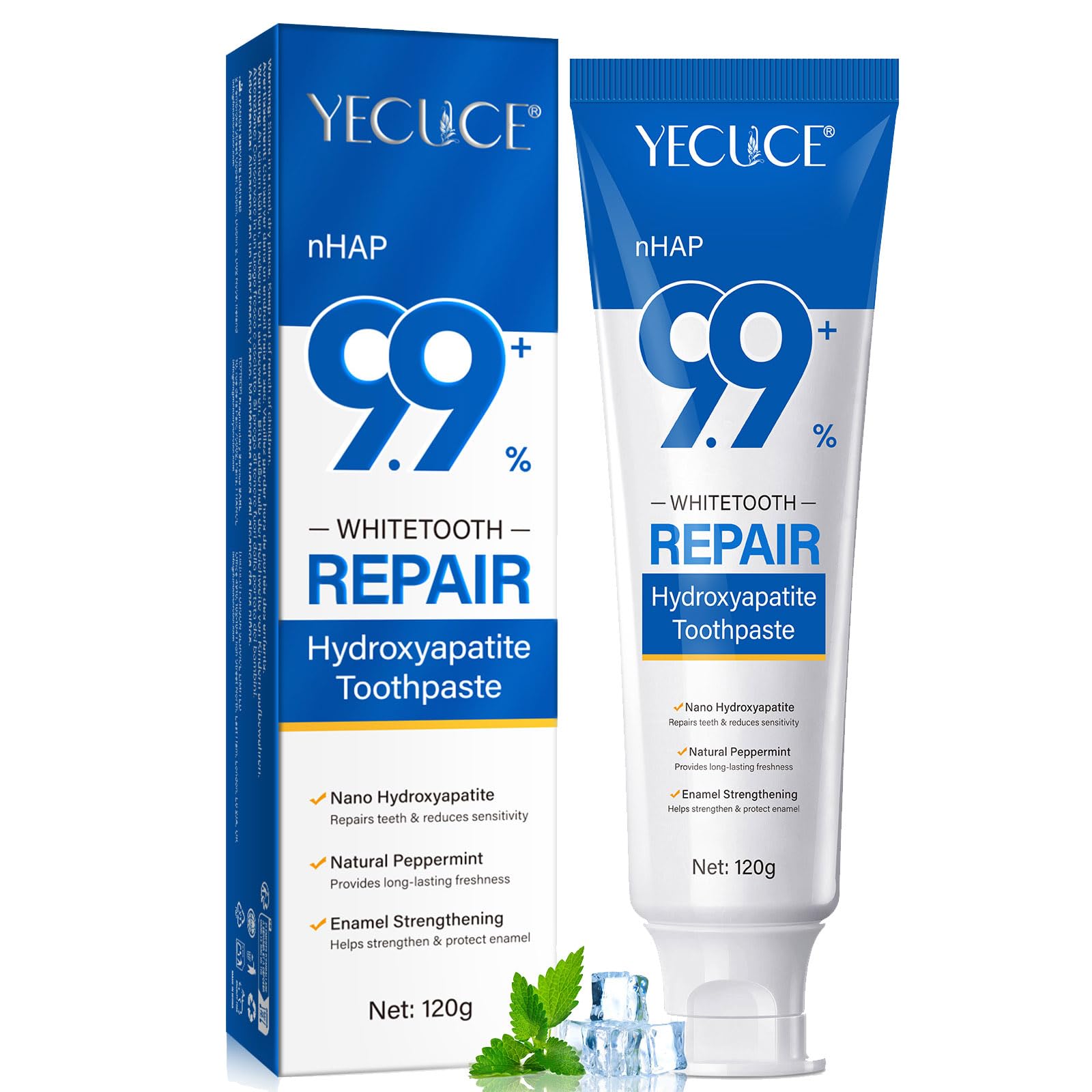2PCS 9.9% Hydroxylapatit Zahnpasta zur Reparatur Zahnschmelzes und Stärkung Zähne, Nano Hydroxylapatit Remineralisierung Zahnpasta, Fluoridfreie, aufhellende Zahncreme für empfindliche Zähne, Minze