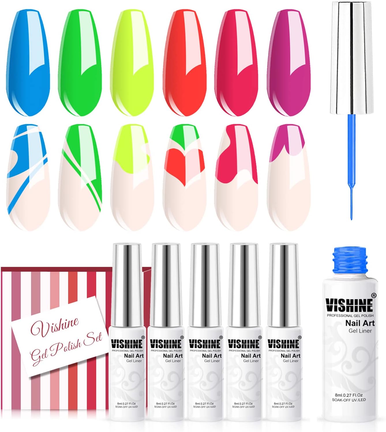 Vishine Gel Polish Nail Art Gel Liner Set - 6Pcs Neon Orange Hot Pink Colors Gel Art Paint for Swirl Nails Built Thin Nail Art Brush in Bottle Gel Pens Soak off Blue Yellow Green Nail Art Gel 8ml