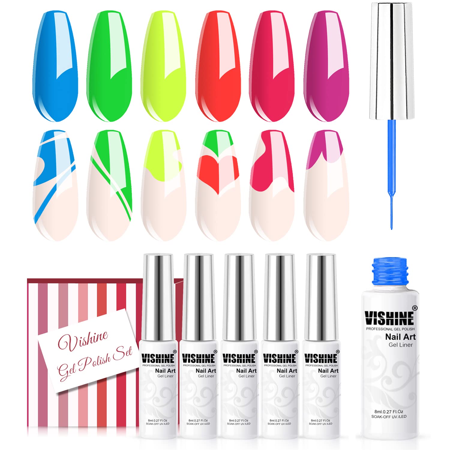 Vishine Gel Polish Nail Art Gel Liner Set - 6Pcs Neon Orange Hot Pink Colors Gel Art Paint for Swirl Nails Built Thin Nail Art Brush in Bottle Gel Pens Soak off Blue Yellow Green Nail Art Gel 8ml