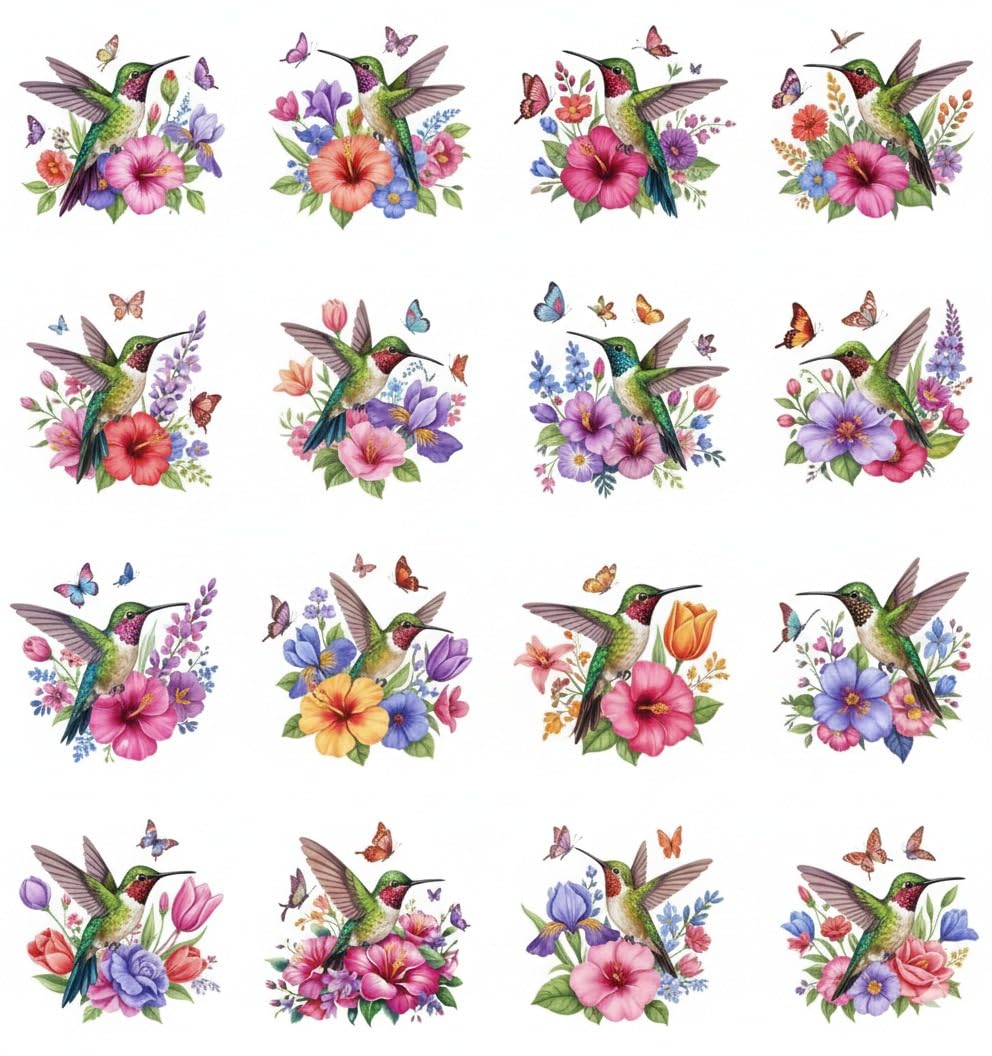 UV DTF Rub on Transfer Stickers - UV DTF Cup Wraps, Colorful UVDTF Wraps, Waterproof Rub on Decals for Glass Cups Mug Tumbler, DIY Transfer Crafts (Hummingbird and Floral Design)