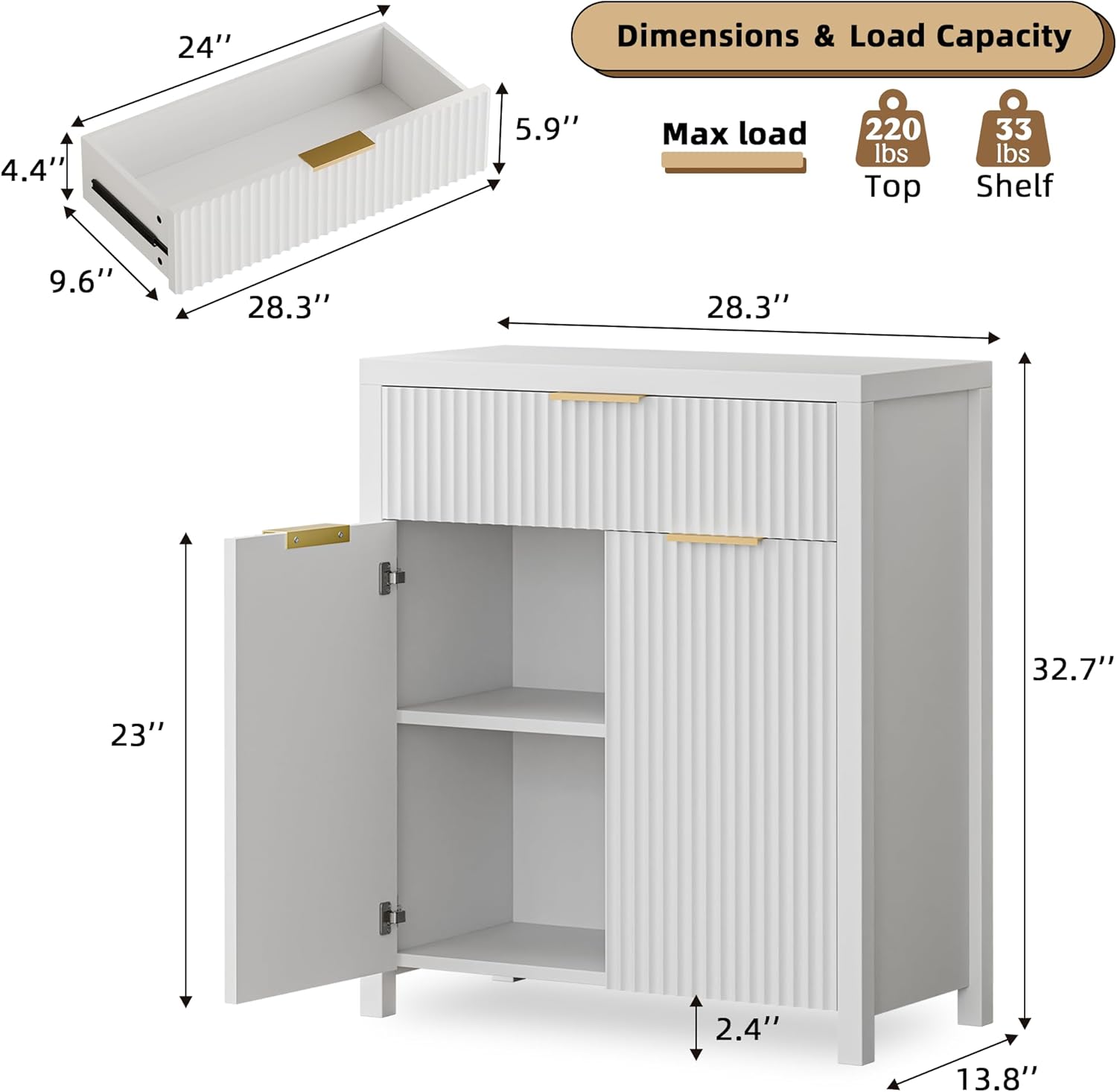 Storage Cabinet Fluted Sideboard Buffet Cabinet with Adjustable Shelves & Quality Wooden Tabletop, Modern Accent Credenza Console Wood for Living Room, Entryway, Hallway, White