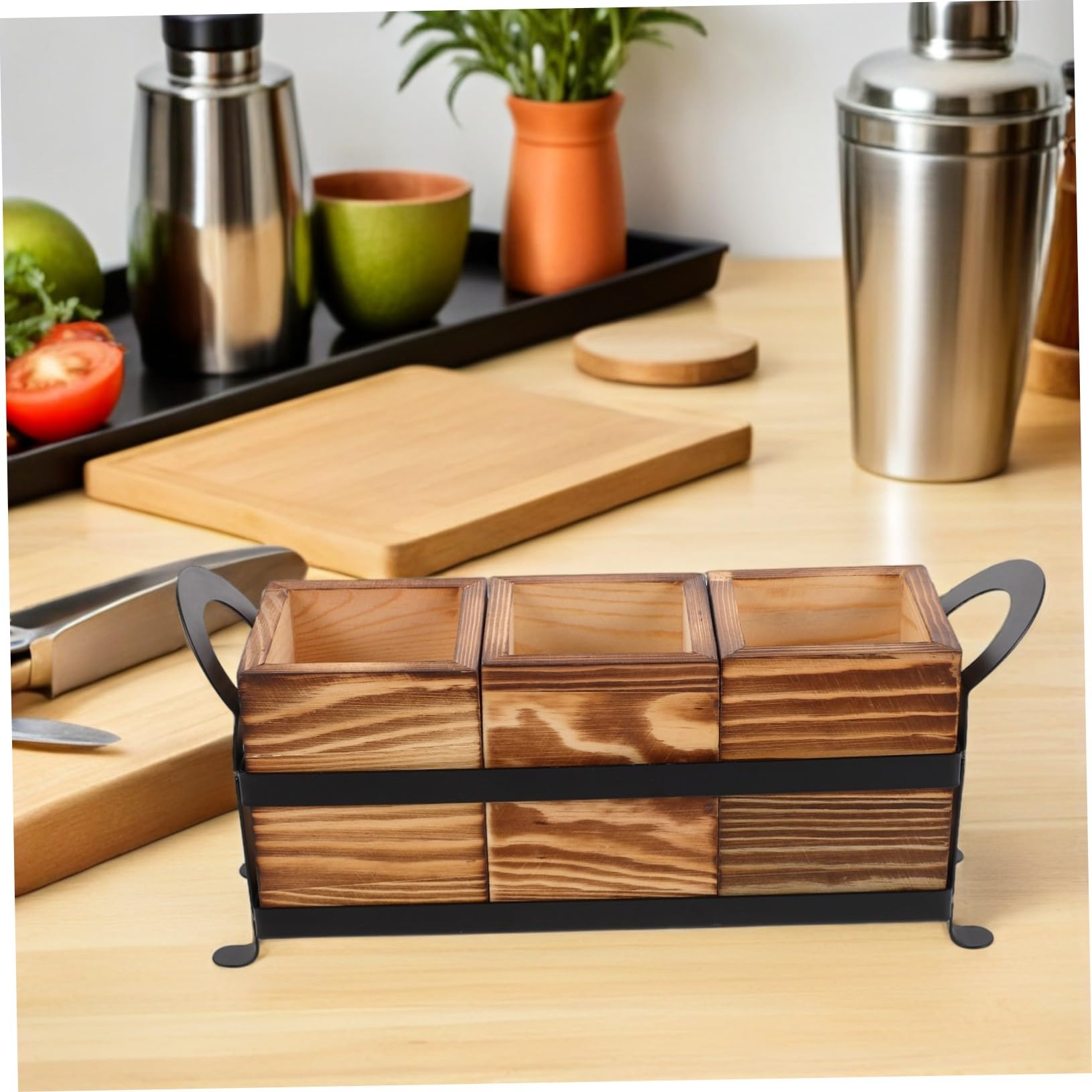 ABOOFAN Rustikaler Holz-utensilienhalter mit Eisenrahmen Multifunktionaler Küchen Schminkpinsel-organizer Stabiles Besteckfach für Küchenarbeitsplatte Praktischer Tisch Thekenorganizer