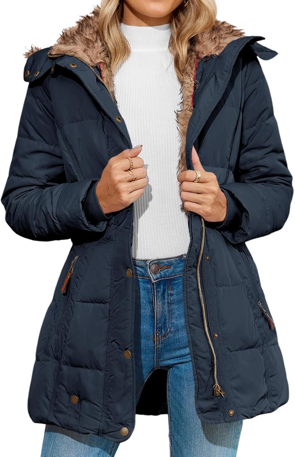 Womens Winter Puffer Coat Thicken Sherpa Fleece Lined Down Jacket Warm Hooded Zip Up Parka Coats Outwear with Pcokets