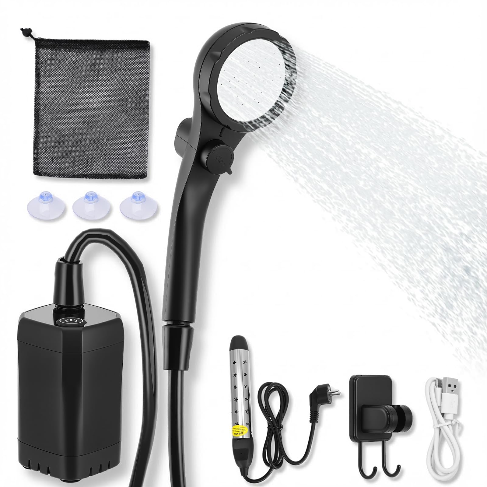 Douche de Camping avec Batterie 6000 mAh, Pompe et Tuyau d'arrosage de 200 cm, Douche Mobile pour Le Jardin, Le Lavage de Voiture, Les Animaux, la Plage et Les Voyages