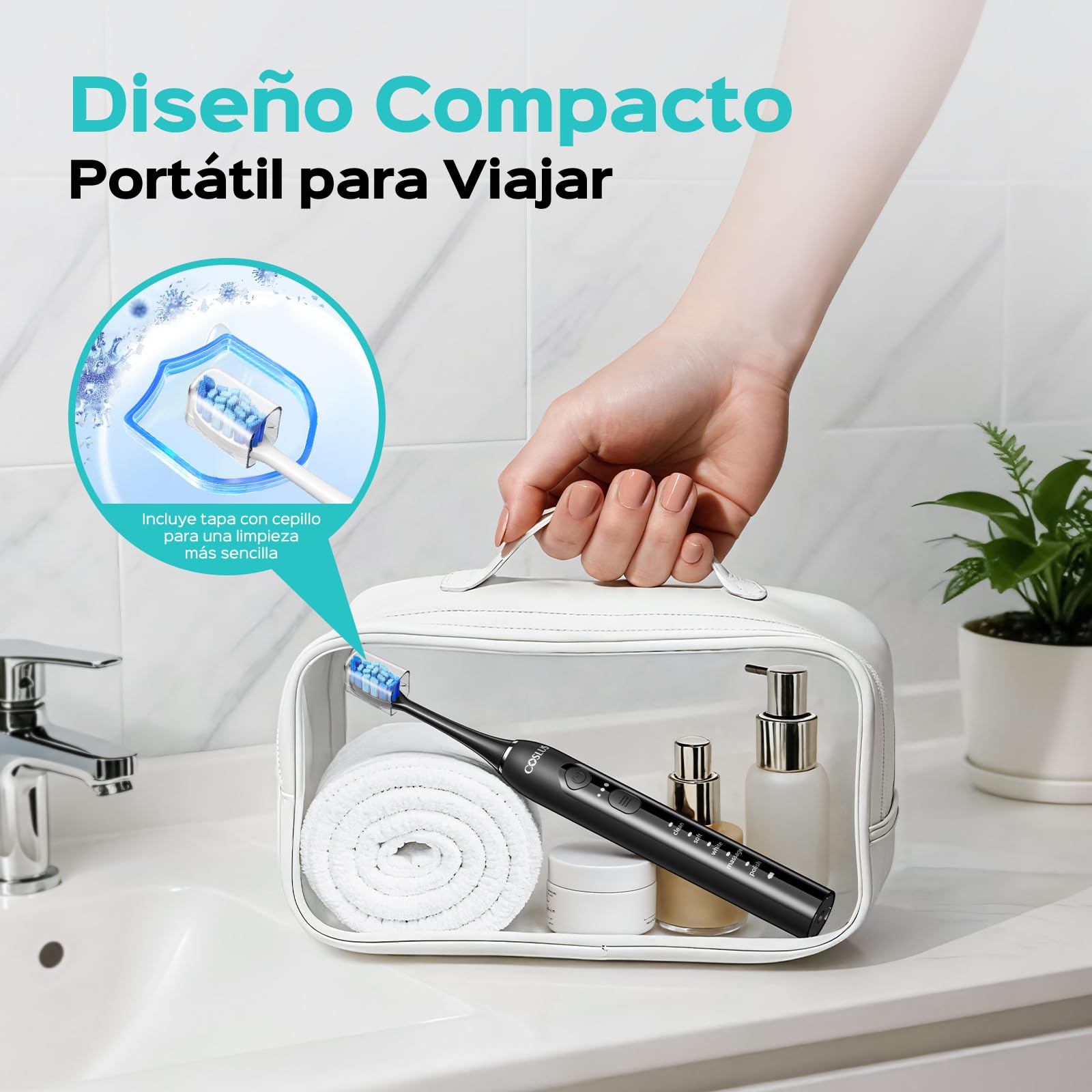 COSLUS C30 Cepillo de Dientes Eléctrico Sónico: 5 Modos con 3 Niveles de Intensidad - Diseñado para Dientes Sensibles - Adecuado para uso Doméstico o de Viaje - Dos Tipos de Cabezales de Cepillo