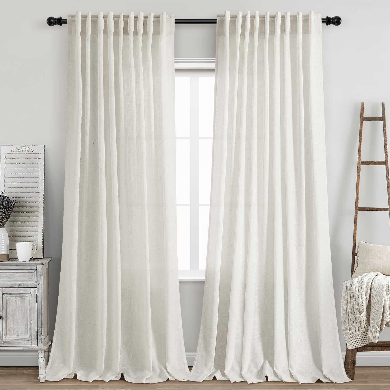 Photo 1 of Extra Long Cream Linen Curtains 108 Inches Long 2 Panels Set for Living Room Back Tab Modern Farmhouse Decor Cotton Textured Cream Sheer Linen Curtains 108 Inch Length for Large Window 70x108