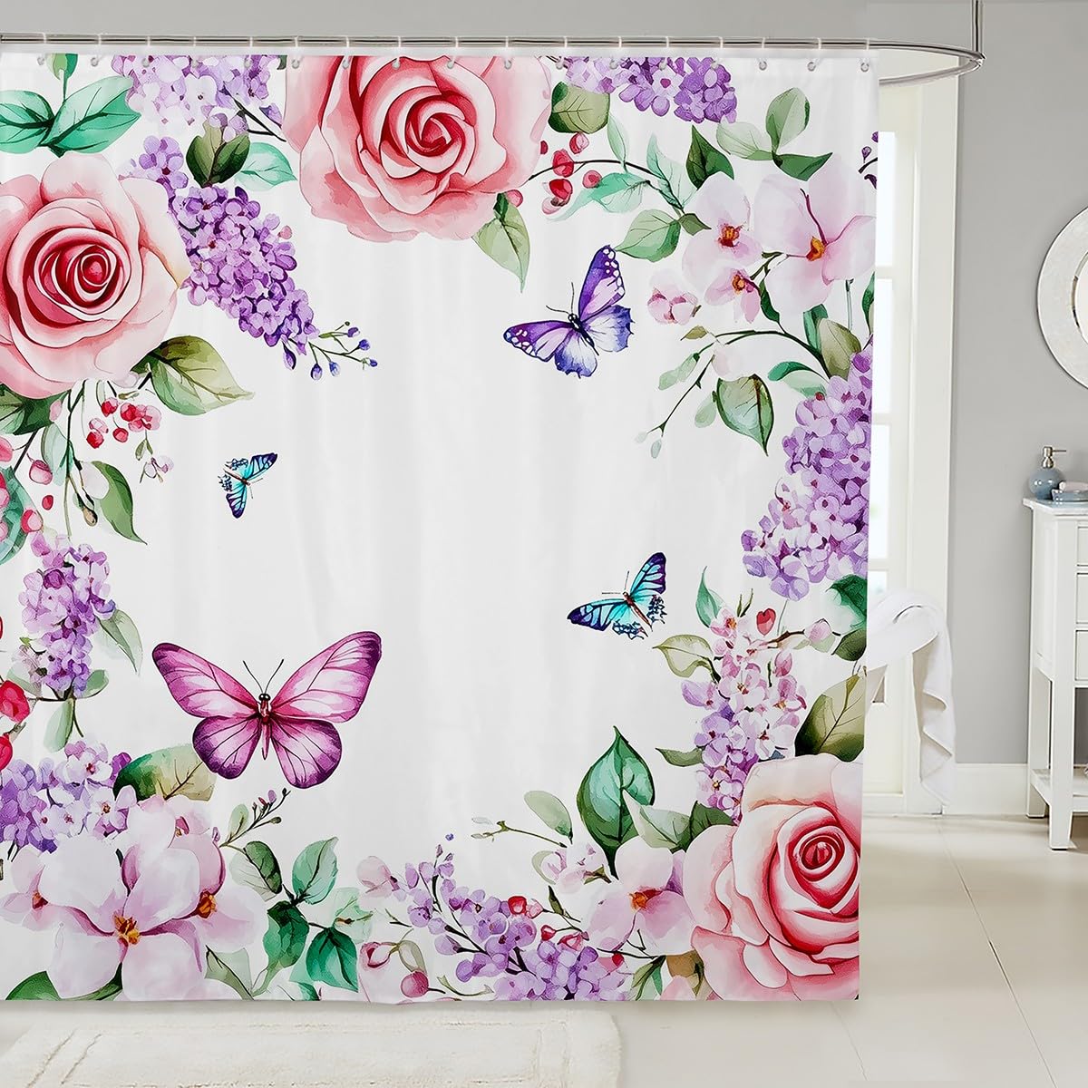 Rideau de douche motif floral papillon aquarelle rose violet
