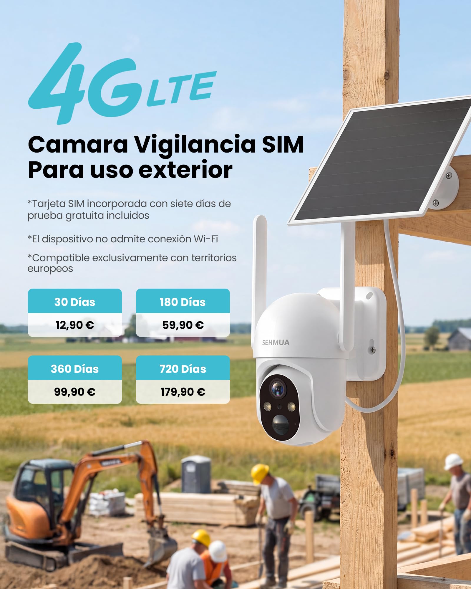 SEHMUA 4G LTE Camara Vigilancia Exterior Solar con Tarjeta SIM sin Internet | 24/7 AOV Camara Exterior Solar con Panel Solar 7W, Detección Humana IA 20M, Audio Bidireccional, Visión Nocturna Color, eSIM