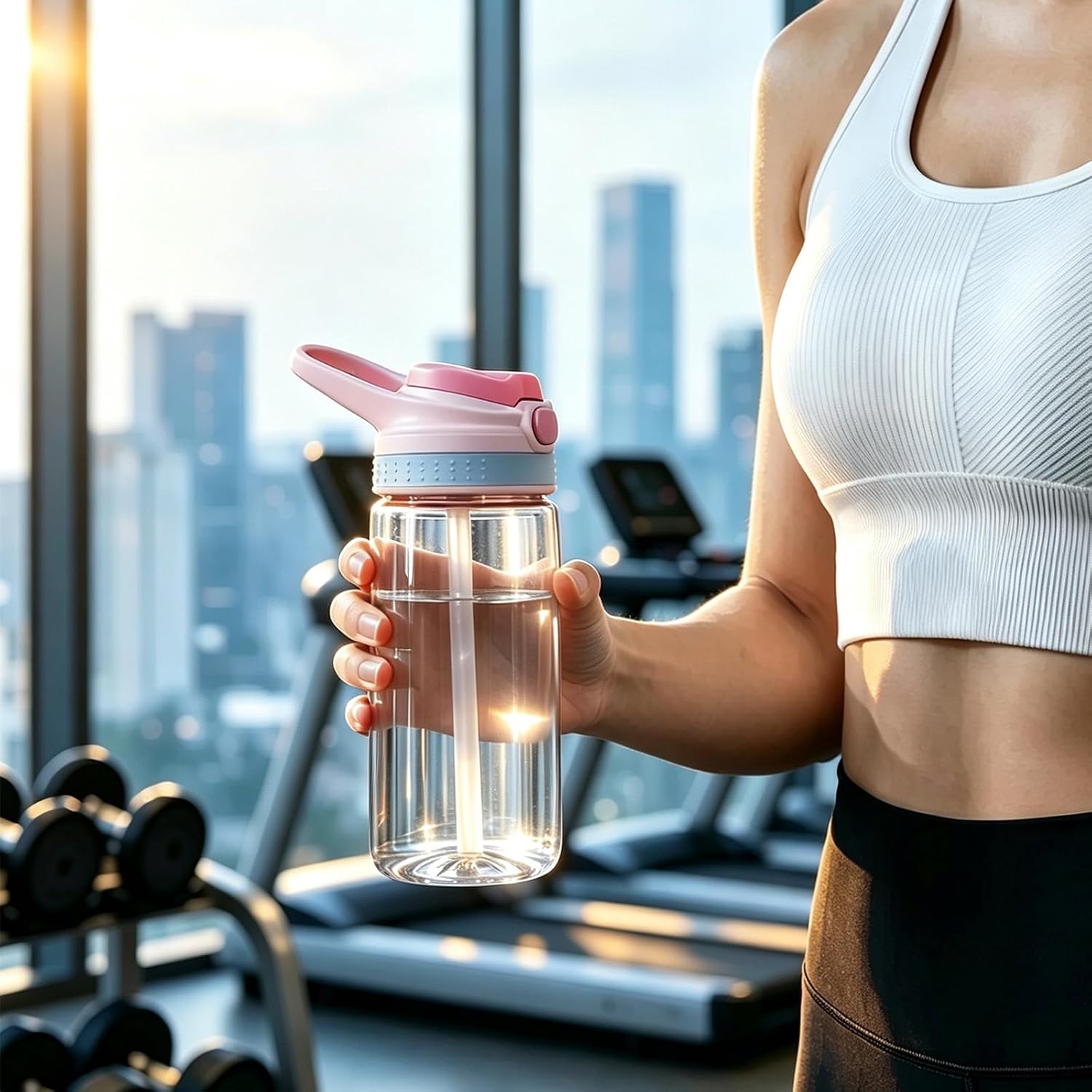 6 Pack Clear Water Bottles Bulk, Reusable Blank Water Bottle with Straw Lid & Handle, Plastic, Wide Mouth, Leak Proof, Lightweight for Sports Travel Cycling Camping, DIY Gift, Pink Purple Blue Set