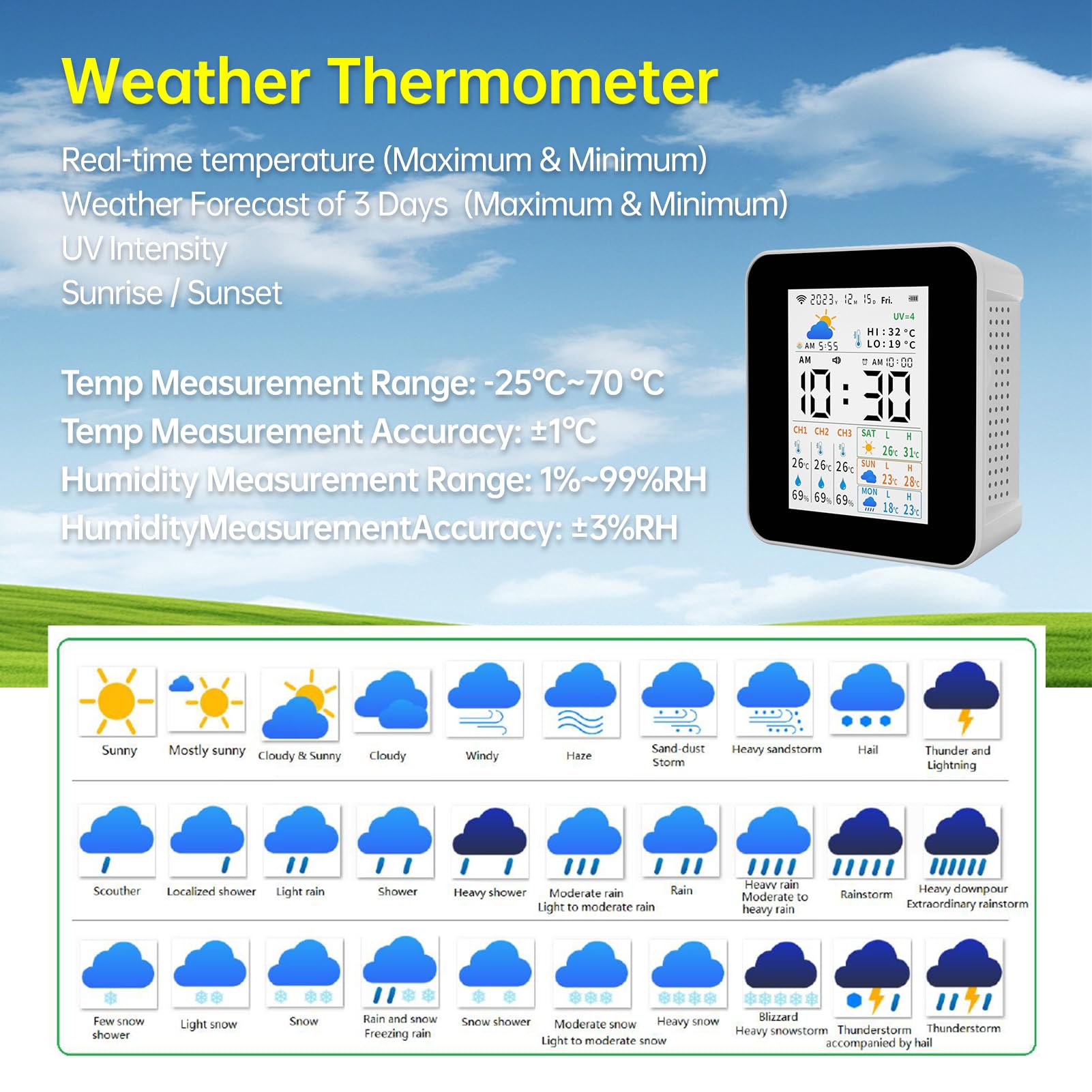 Termómetro para interiores y exteriores, estación meteorológica inalámbrica Tuya con 3 sensores, medidor de humedad y temperatura, monitor de pronóstico en tiempo real, compatible (con 1 sensor)