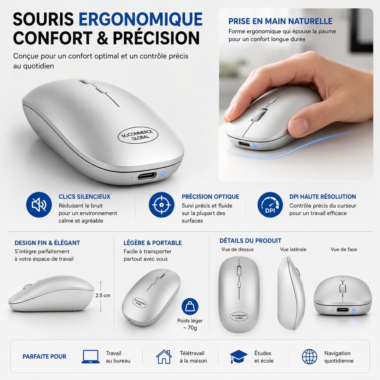 Ensemble Clavier et Souris sans Fil Bluetooth + USB – Combo QWERTY Anglais Slim, Silencieux, 2,4 GHz, Double Mode, pour PC/Mac/Smart TV/Tablette, Batterie Longue Durée (Argent)