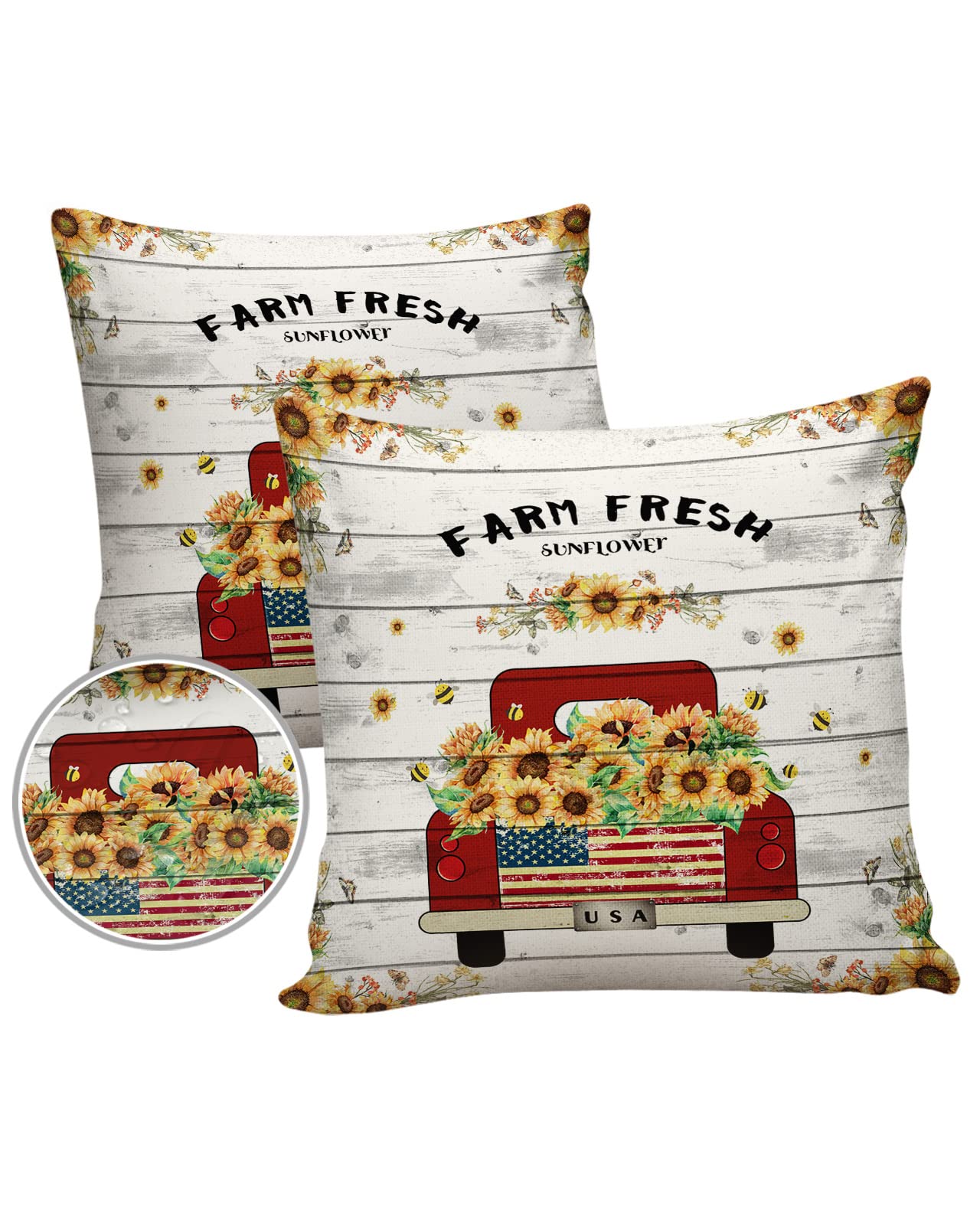 Farm Fresh Sunflower Throw Pillow Cover Waterproof Soft Cushion Case for Bedroom Living Room, Square Pillowcase for Outdoor Patio Home Decor Red Truck and Bees Retro Wood Board,16''x16''x2