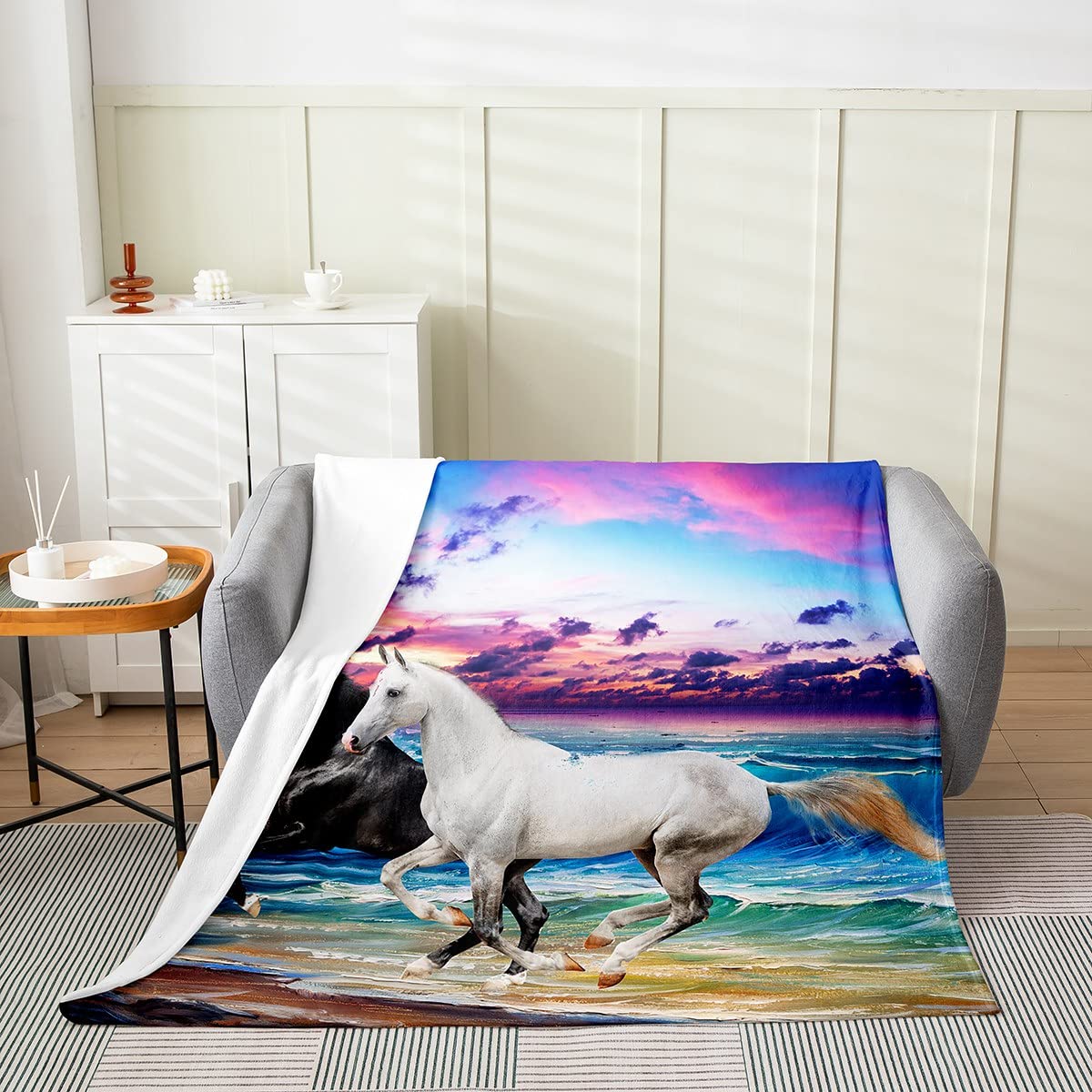 Loussiesd Horse Fleece Throw Blanket,All Season Ocean Galloping Horses Bed Blanket Black White Wild Animal Fuzzy Blanket For Bed Sofa,Bedroom Plush Blanket Sea Sunset Queen 90x90 Inch