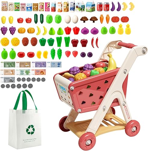 Juego de carrito de compras para niños de 98 piezas con comida de simulación y accesorios, perfecto para juegos de simulación y juegos de rol (rojo)