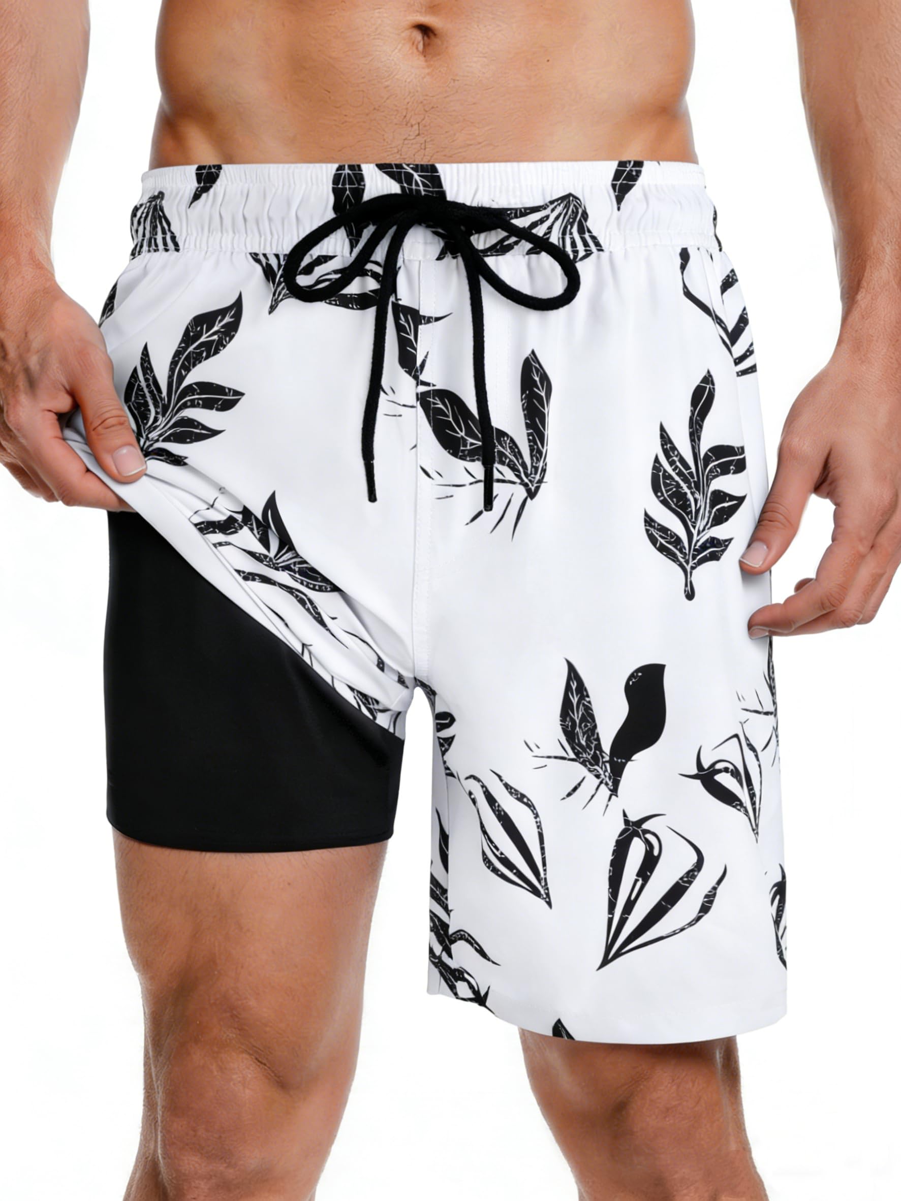 Fasker Mens Swim Trunks with Compression Liner 7" Inseam Quick Dry Bathing Suit Beach Shorts Swimming Trunks with Pockets, White Leaves, L