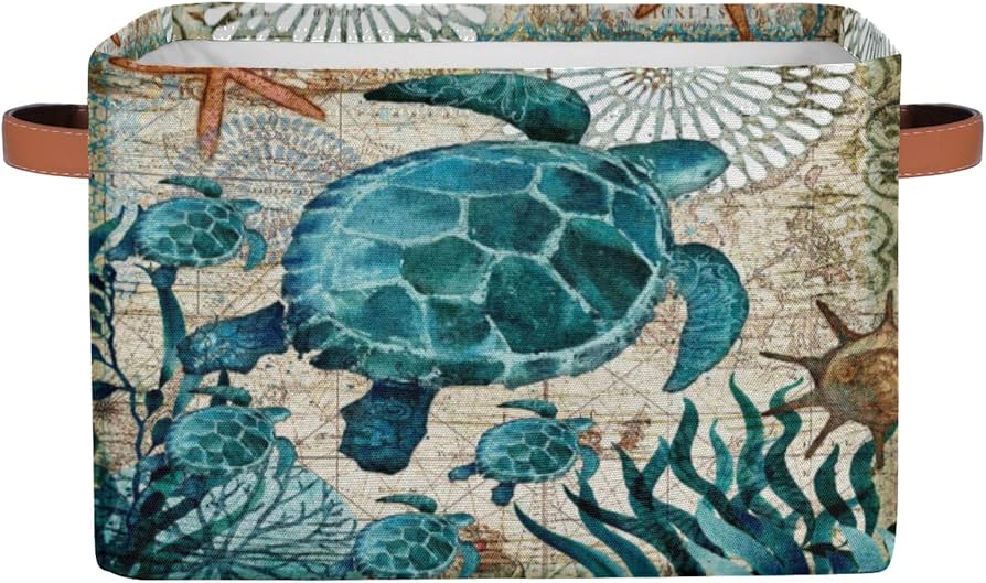 Beach House Wood Storage Crate Sea Turtle Organizer Bin Storage