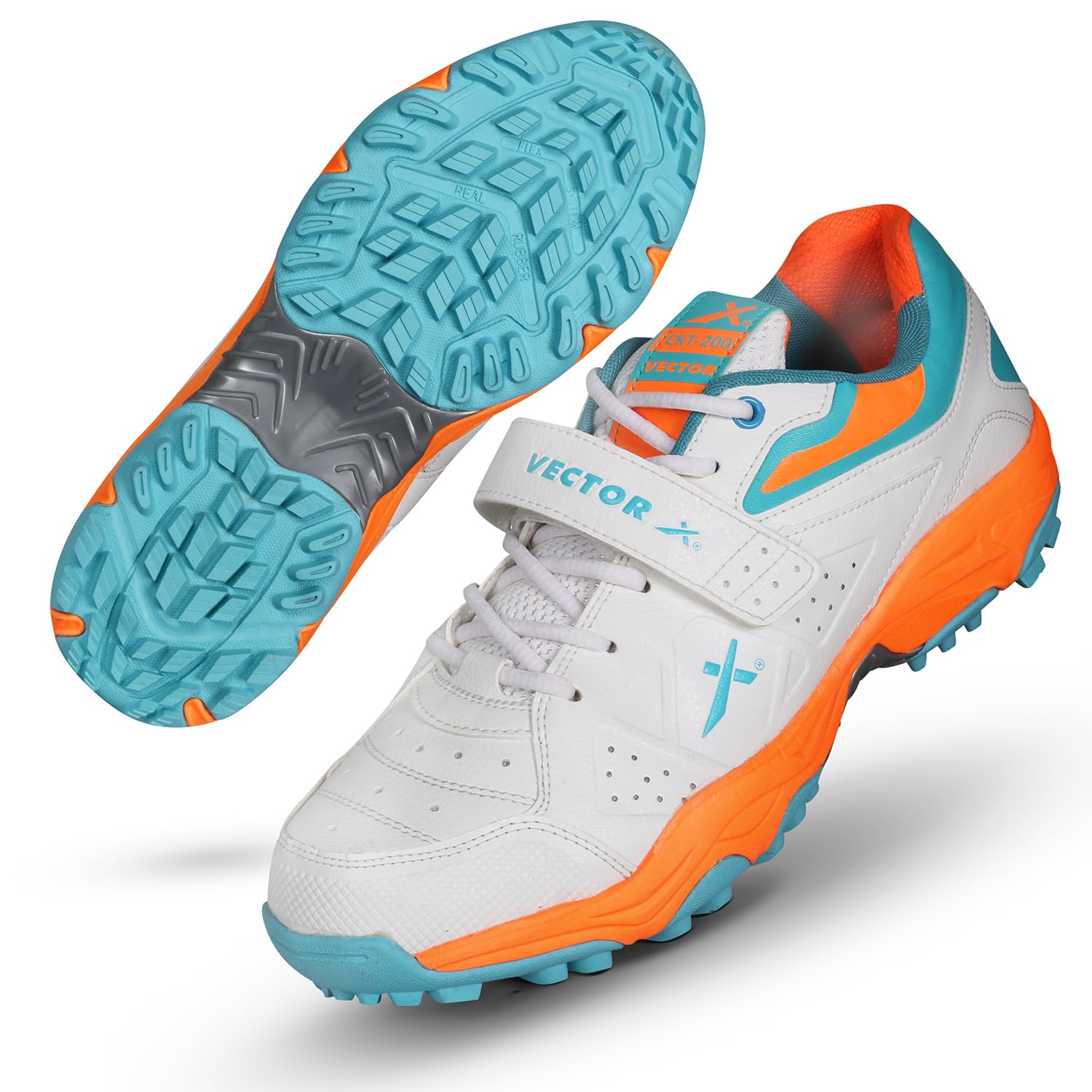 CKT- 200 Men’s PU Upper/TPU Sole/Rubber Cricket Shoes Water-Resistant Footwear for Outdoor and Field Sports Shoe with Midfoot Support Strap (White-Blue-Orange, Size-4)-image-47