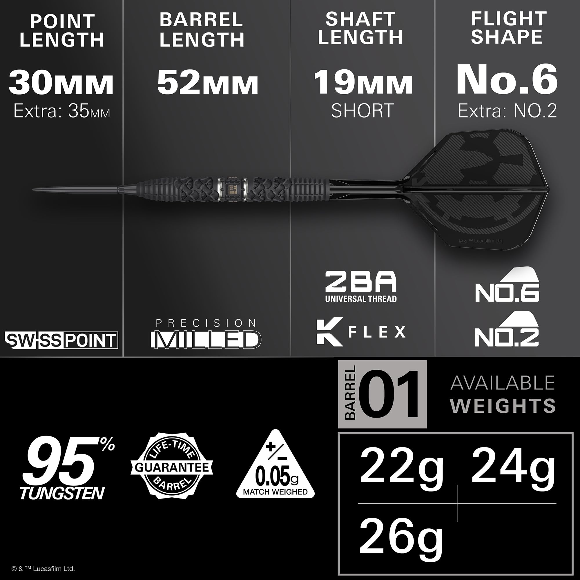 Target Darts Star Wars Darth Vader 95% Tungstène Pointe en Acier Fléchettes, 22G/24G/26G | Pointes Black Swiss Storm, Tiges et Ailettes K-Flex N° 2/ N° 6 Rouges et Noires, Portefeuille Takoma