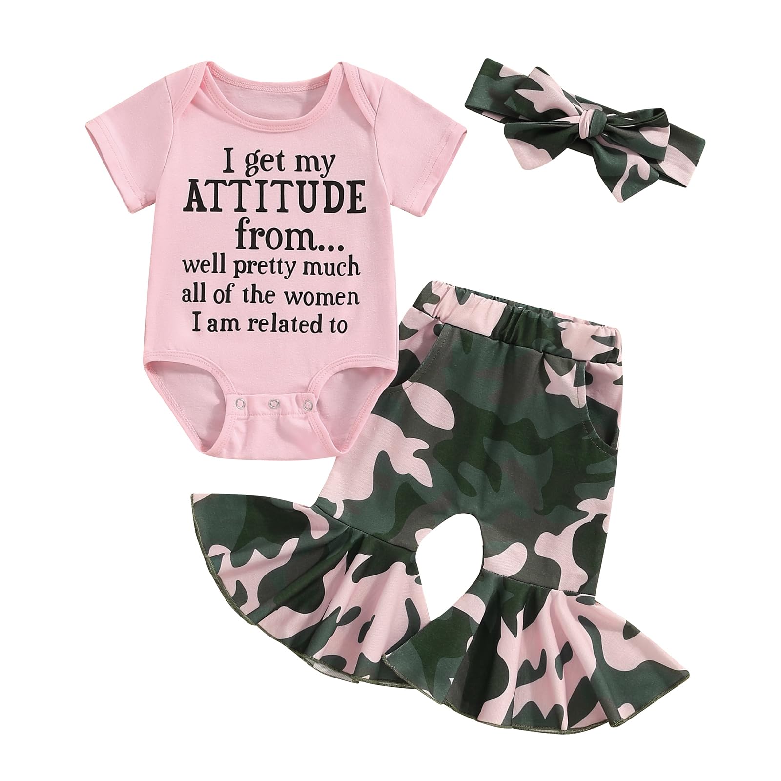 BULINGNA Newborn Baby Girl Summer Funny Outfit Set I Get My Attitude from Women Bodysuit Camouflage Flared Pants Headband (Pink, 3-6 Months)