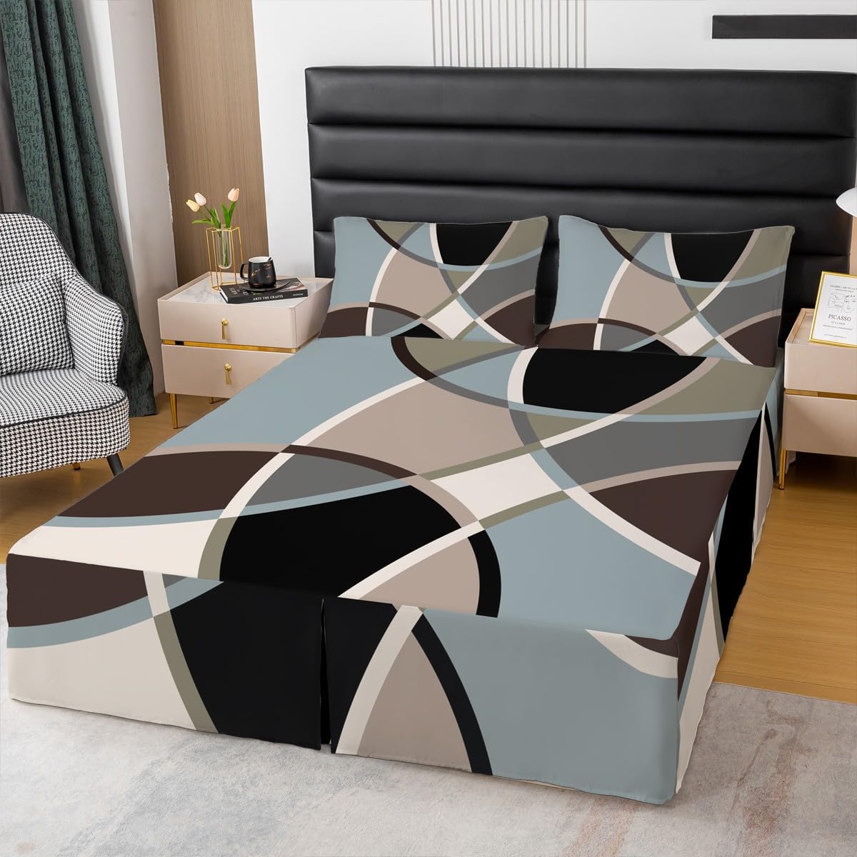 Retro Circle Bed Wrap Sheet Set Yellow Grey Black Sheet & Wrap Around Bed Skirt Circle Geometric Bed Skirt,Abstract Geometric Abstract Art Bed Skirt for Queen Bed with Split Corners