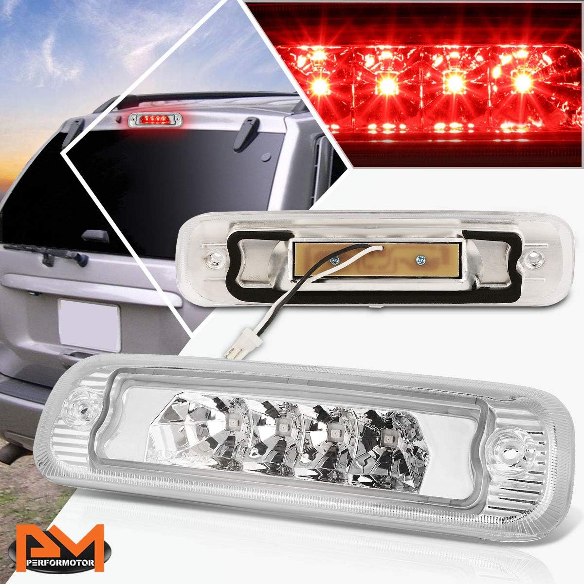PM PERFORMOTOR 3rd Third Brake Light High Mount Stop Light Compatible with Jeep Cherokee 97-01 LED,Chrome Housing/Clear Lens