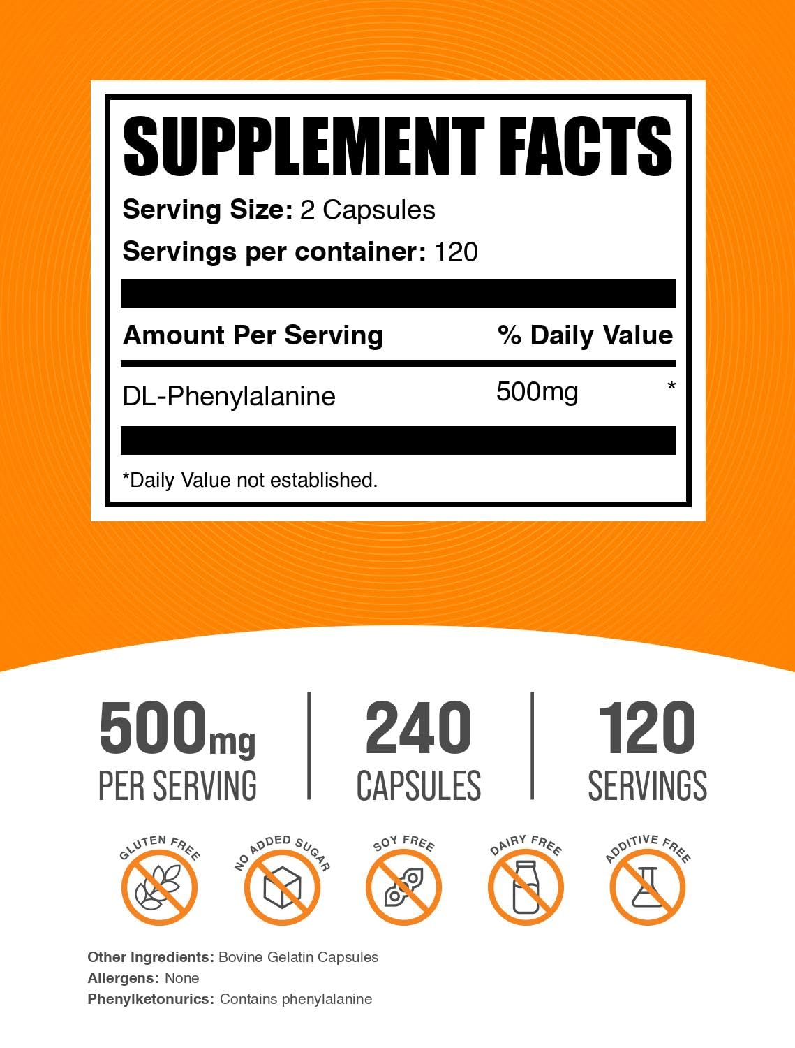 BulkSupplements.com DL-Phenylalanine Capsules - DLPA Supplement, Amino Acid Supplement - Gluten Free, 2 Capsules per Serving (500mg), 240 Capsules (Pack of 1) — Amazon image 2