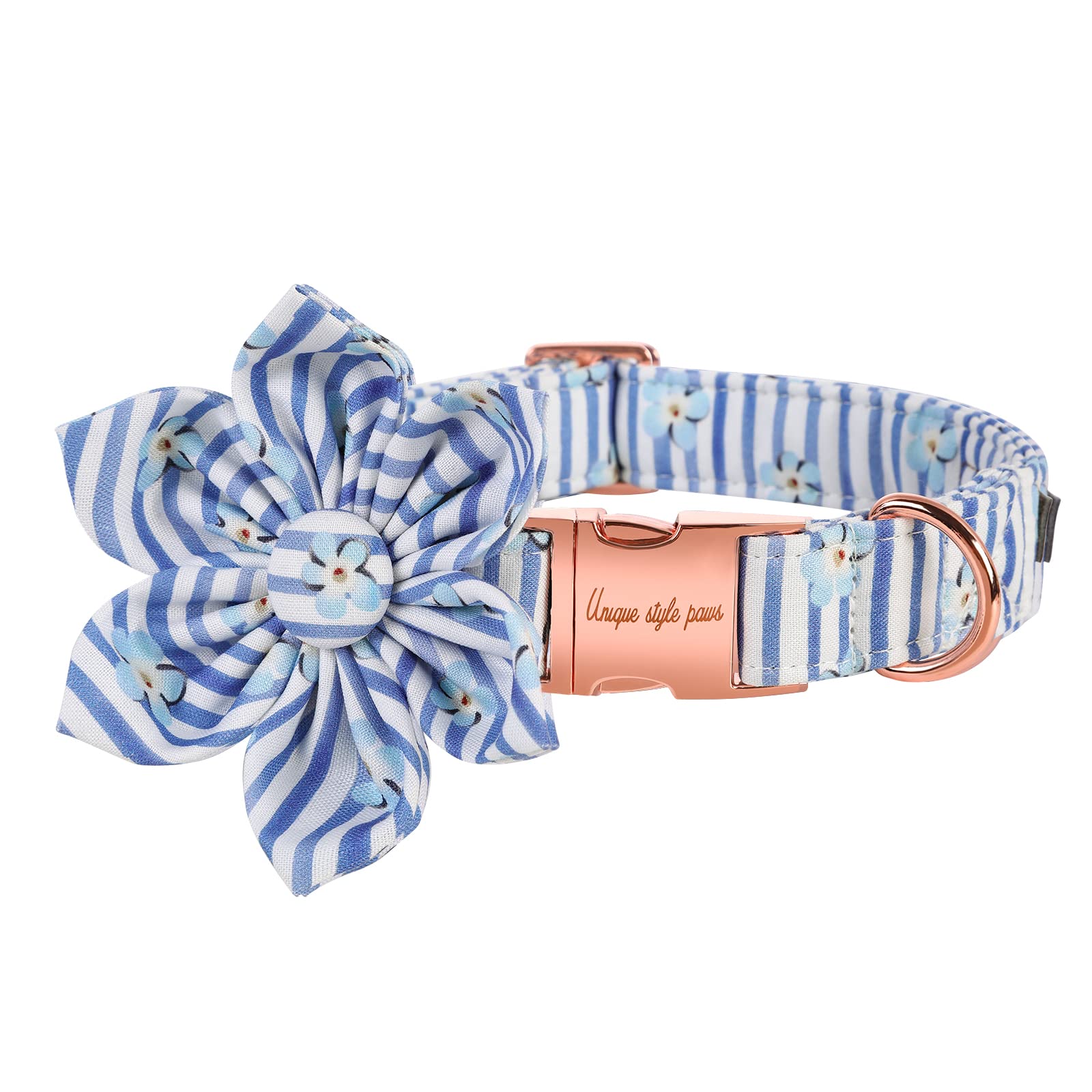 Unique style paws Dog Collar with Flower Blue Stripes & Flower Puppy Collar Comfortable Soft Bow Tie Dog Collar Small Medium Large Dog L