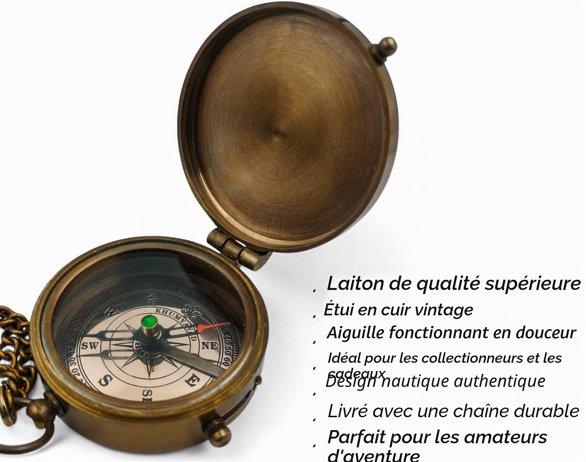 Boussole de Poche en Laiton fabriquée à la Main, entièrement Fonctionnelle, Boussole Nautique Antique, Boussole gravable, Boussole Steampunk avec étui en Cuir.