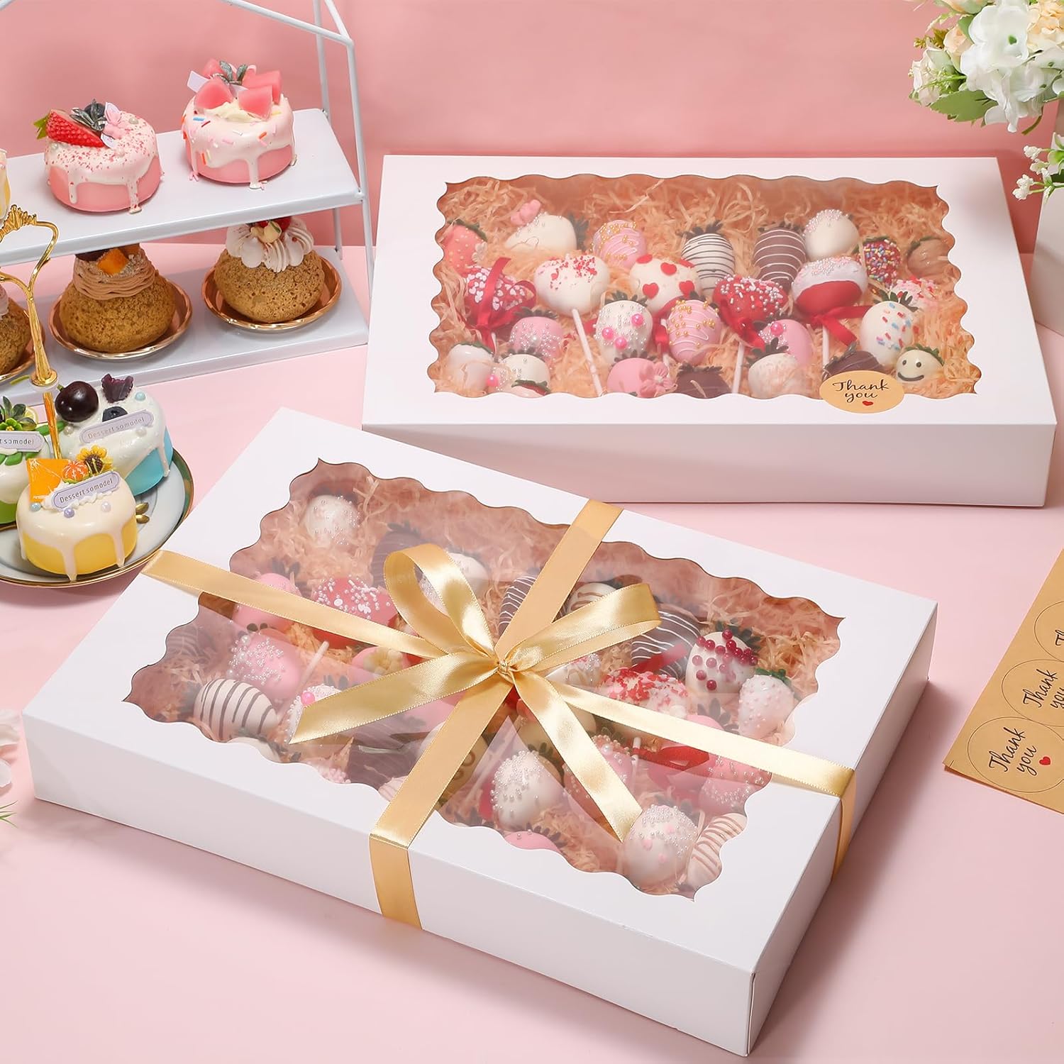 24pcs Cookie Boxes with Window, 16x11x2.5 in Large Auto-Popup Bakery Boxes with Ribbon and Sticks for Treats, Desserts, Chocolate Covered Strawberries, Pies, Muffins, Donuts
