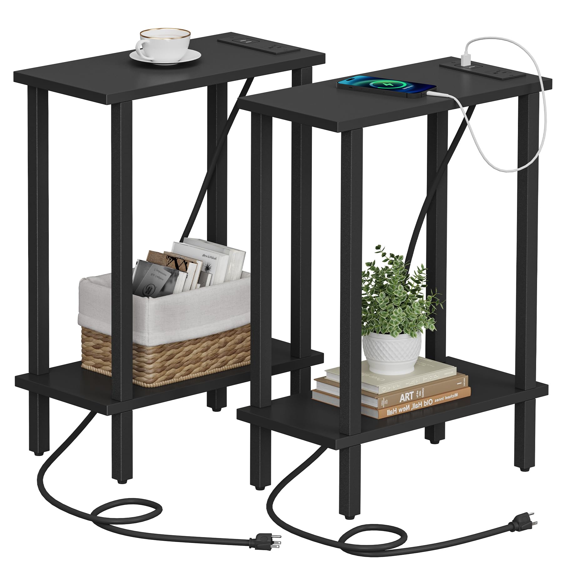 TUTOTAK Small End Table with Charging Station, Narrow Side Table with USB Ports and Outlets, Set of 2, Skinny Sofa Table, Slim Nightstand, Living Room