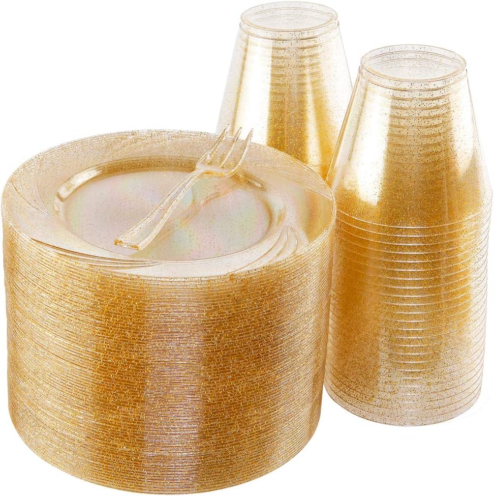 BUCLA 100pack Gold Glitter Plastic Plates 6.5inch -100pack Plastic Dessert Forks 5inch-100Pack Disposable 9oz Gold Glitter Plastic Cups- Perfect for Weddings& Parties